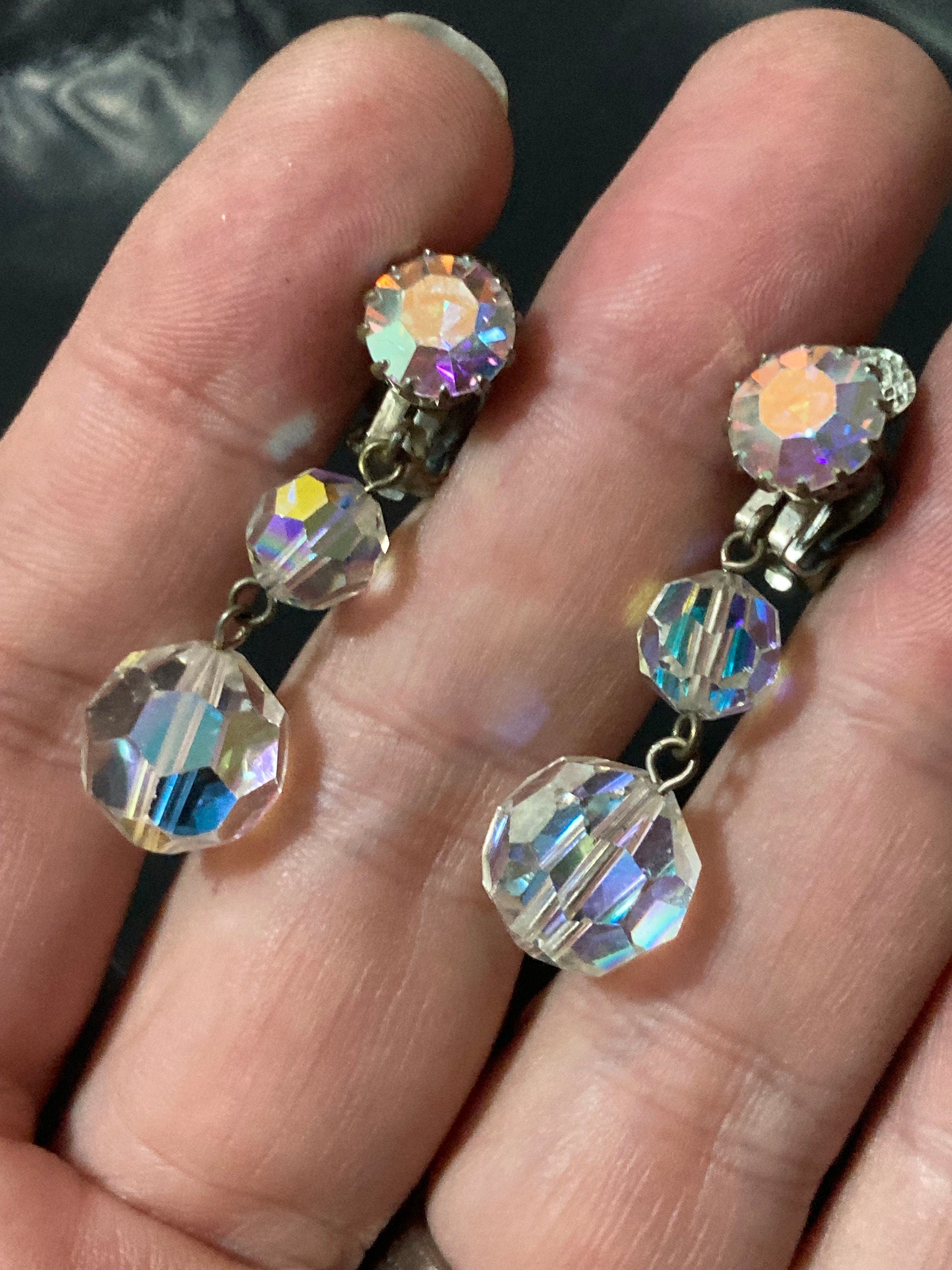 vintage Clear AB aurora borealis glass rhinestone beaded diamanté Clip on drop earrings dangly