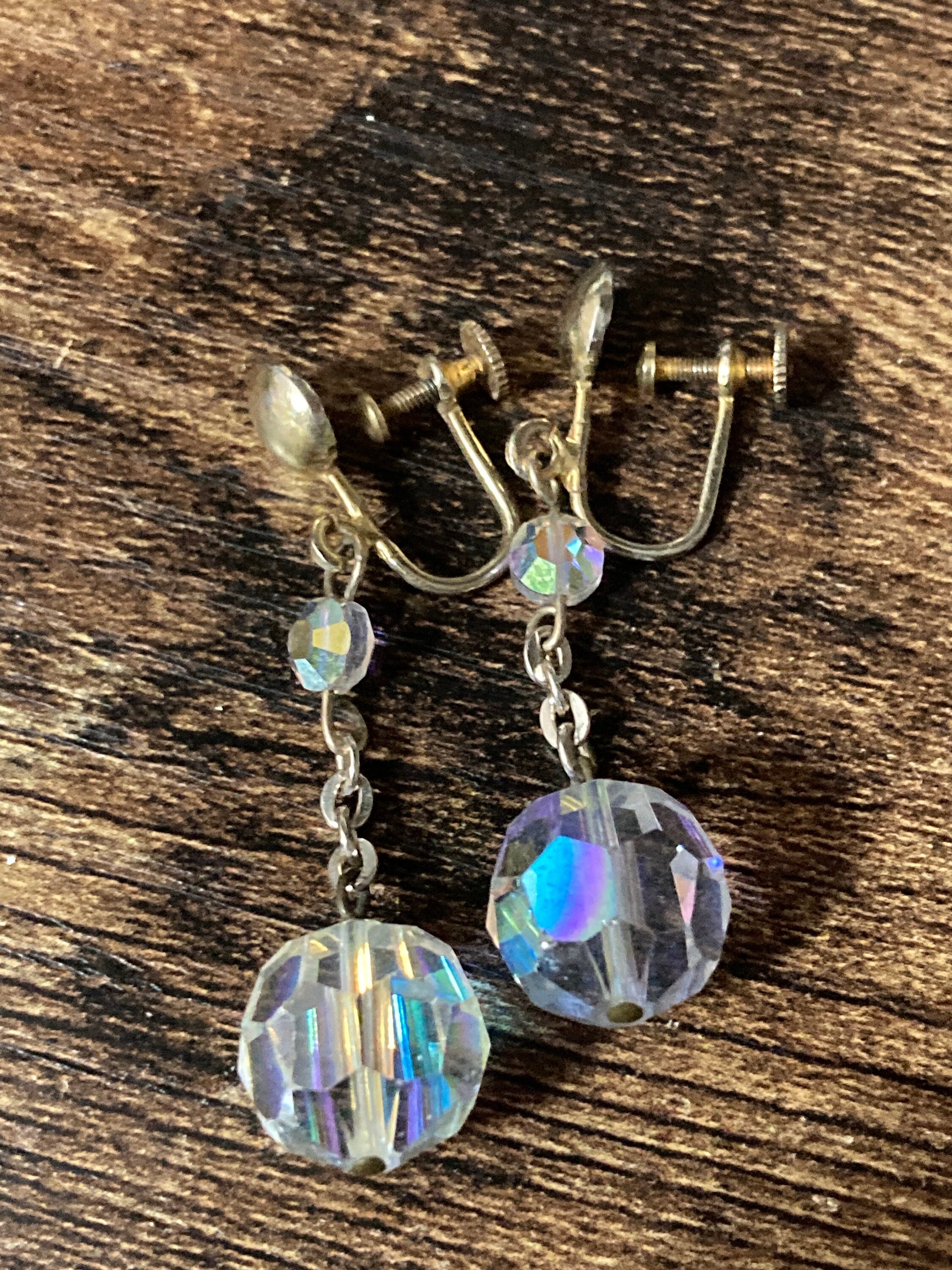 vintage Clear AB aurora borealis glass rhinestone beaded diamanté Clip on drop earrings dangly