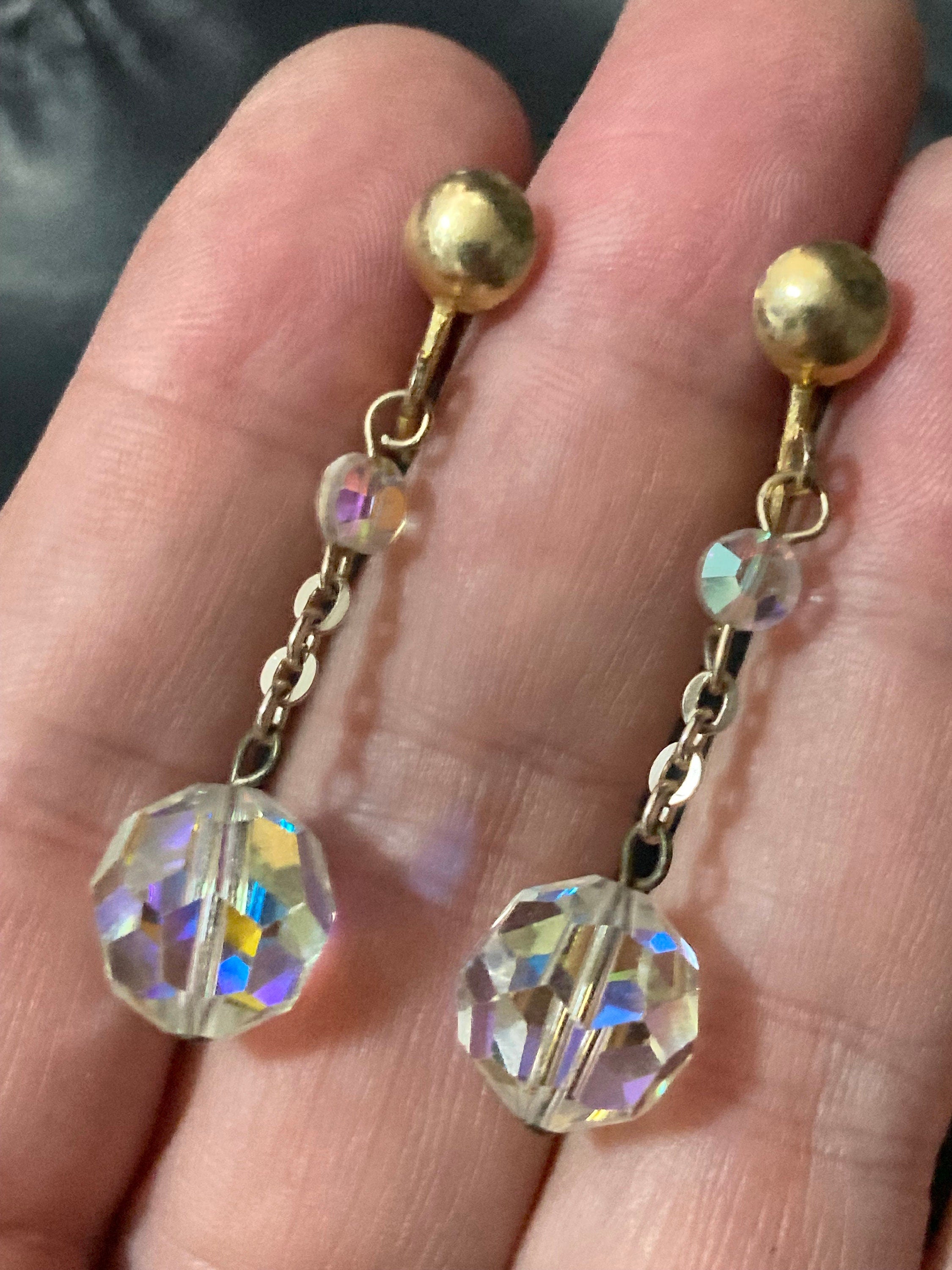 vintage Clear AB aurora borealis glass rhinestone beaded diamanté Clip on drop earrings dangly