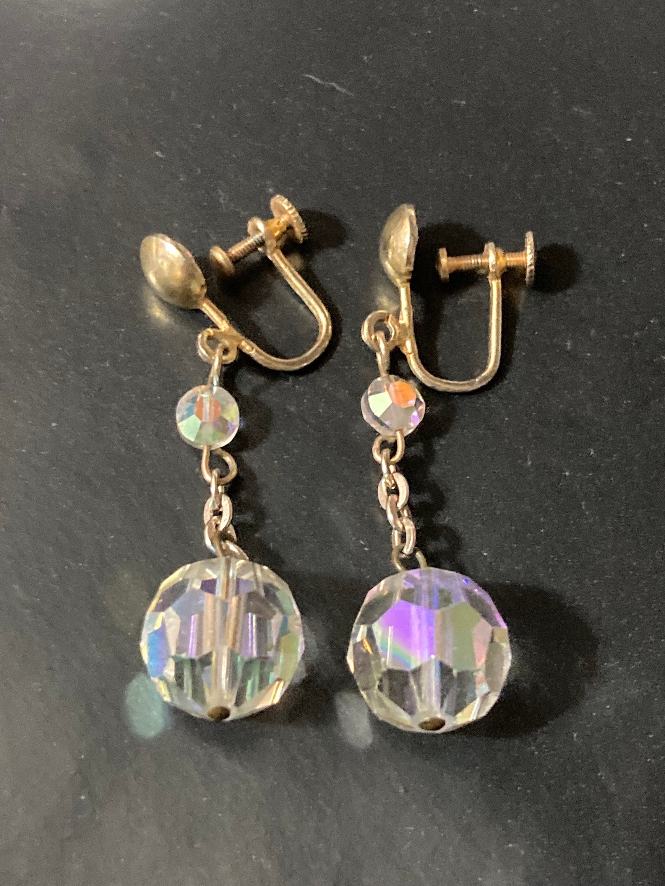 vintage Clear AB aurora borealis glass rhinestone beaded diamanté Clip on drop earrings dangly