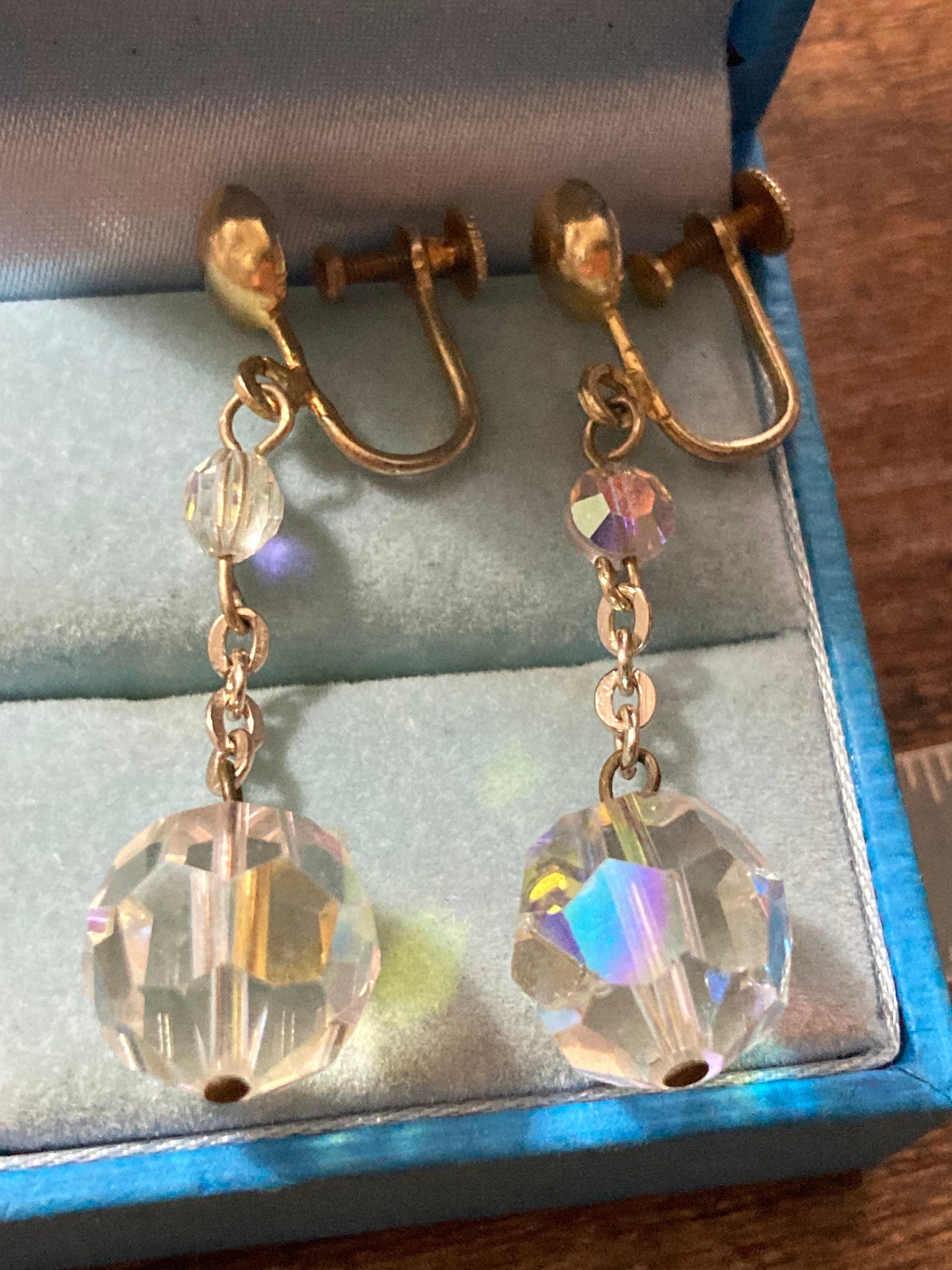 vintage Clear AB aurora borealis glass rhinestone beaded diamanté Clip on drop earrings dangly