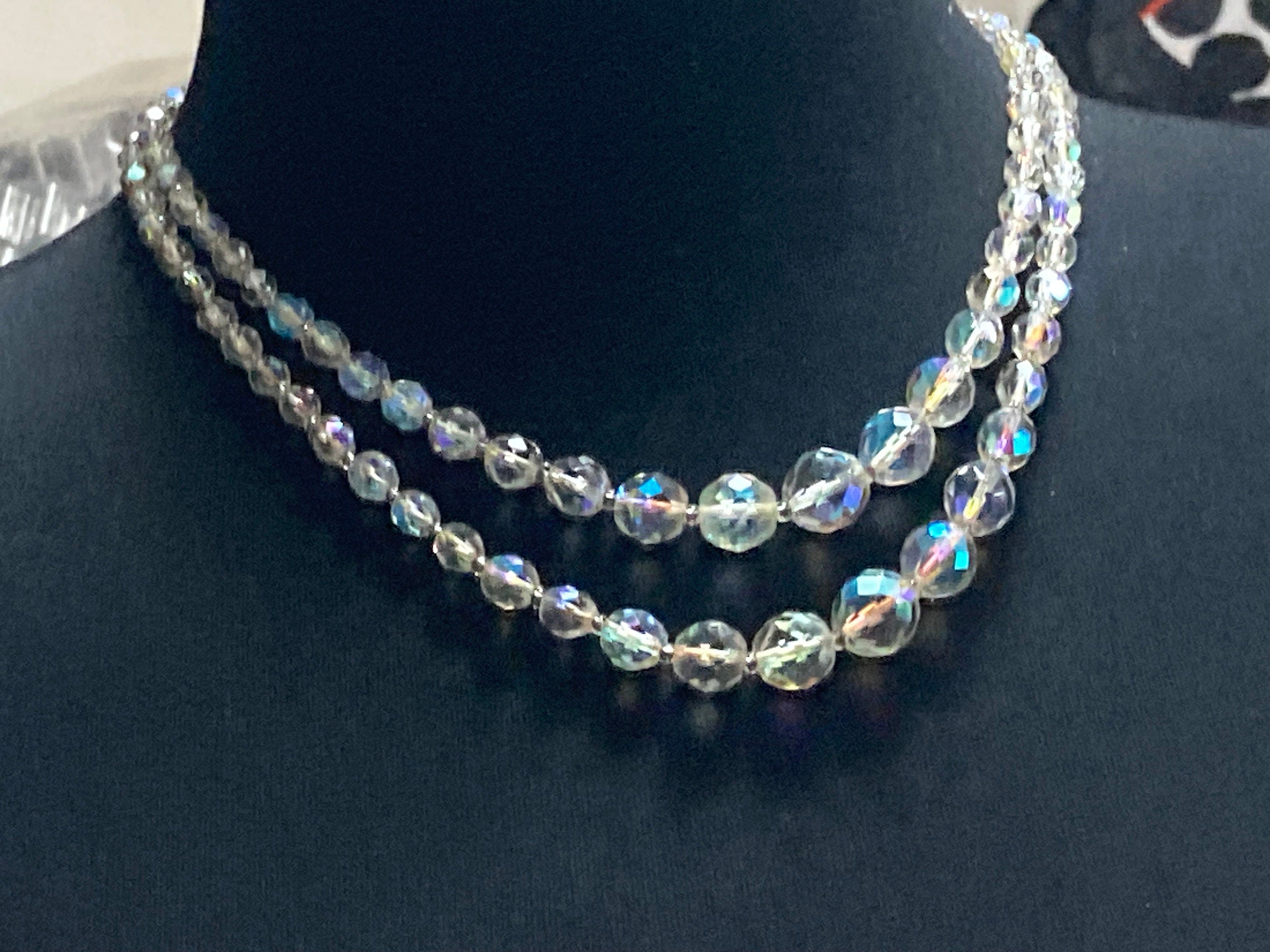 Vintage 1950s Aurora Borealis Crystal Bead Necklace: Turquoise Clasp
