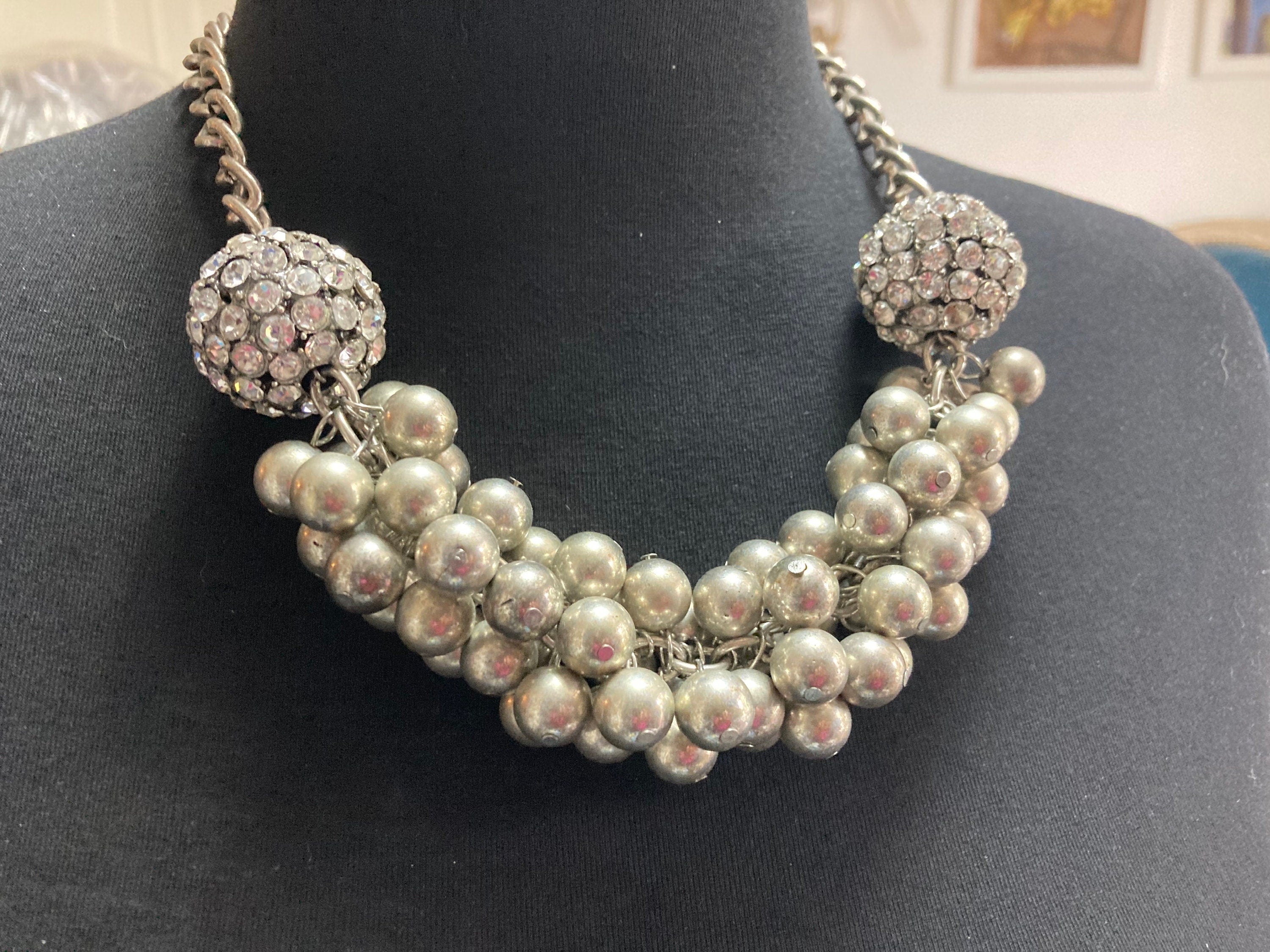 Retro Diamanté Ball Choker: Chunky Silver Tone Beaded Statement Necklace