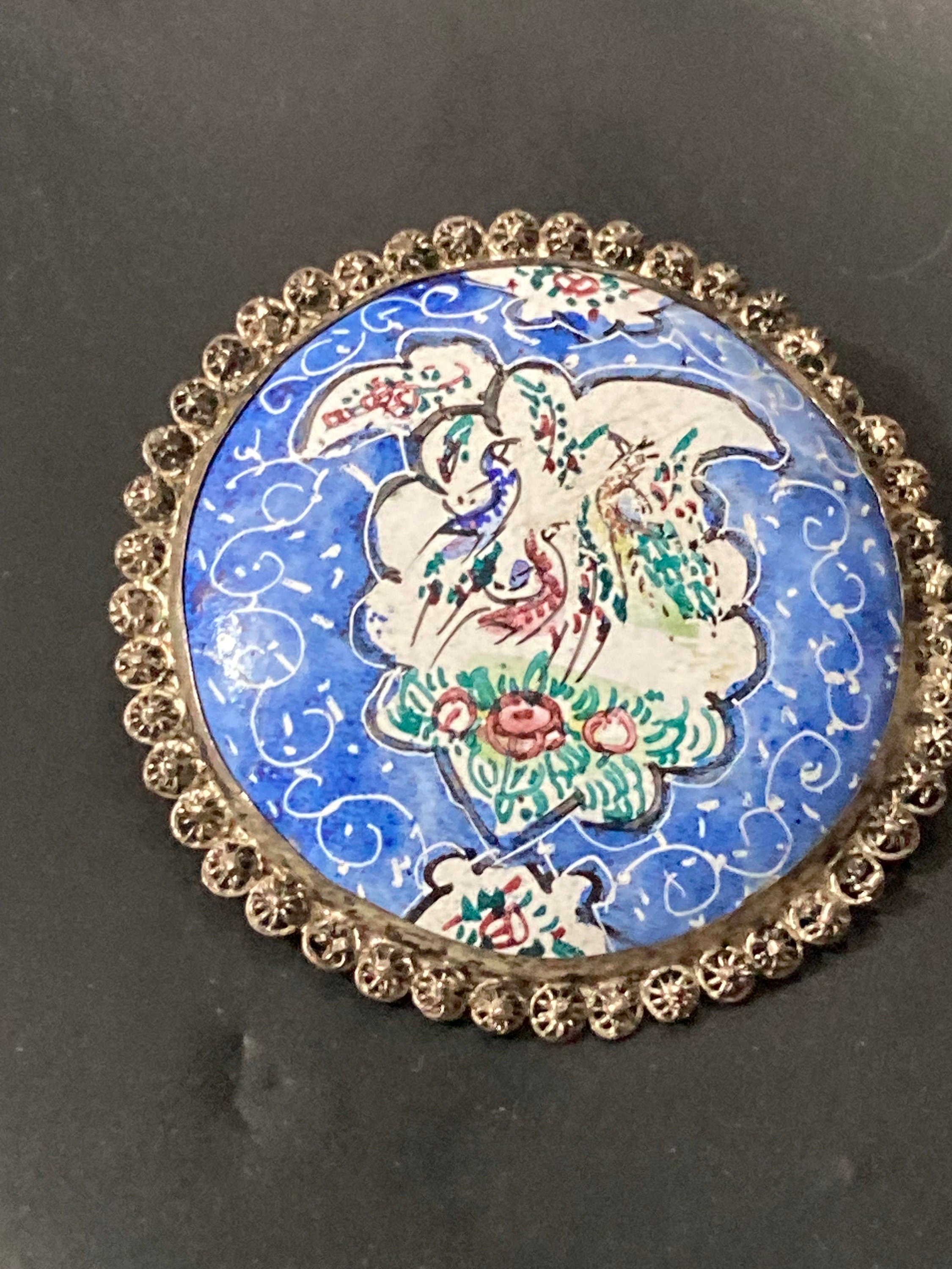 Antique Hand Painted blue enamel Eastern Arabic Brooch