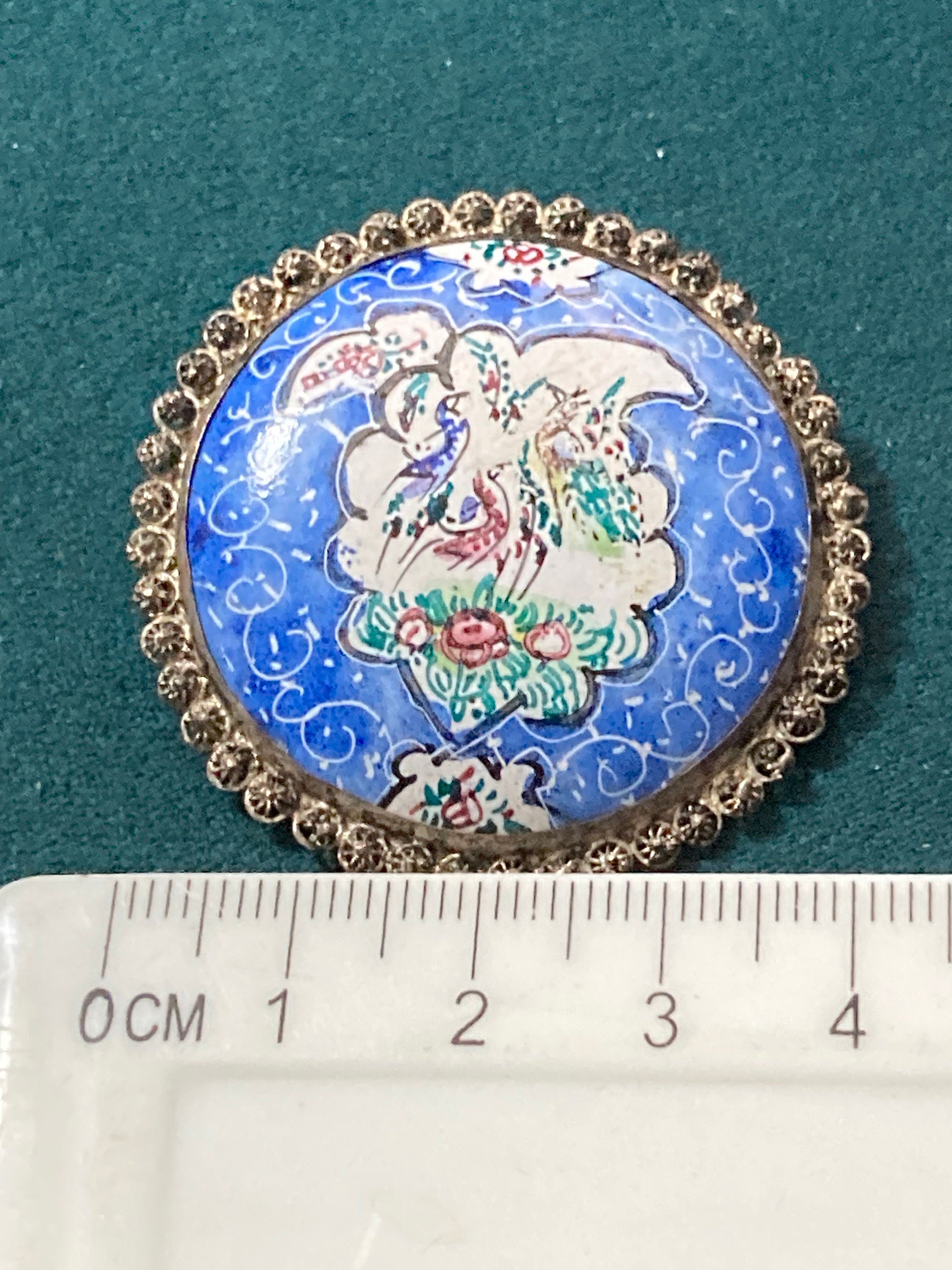 Antique Hand Painted blue enamel Eastern Arabic Brooch