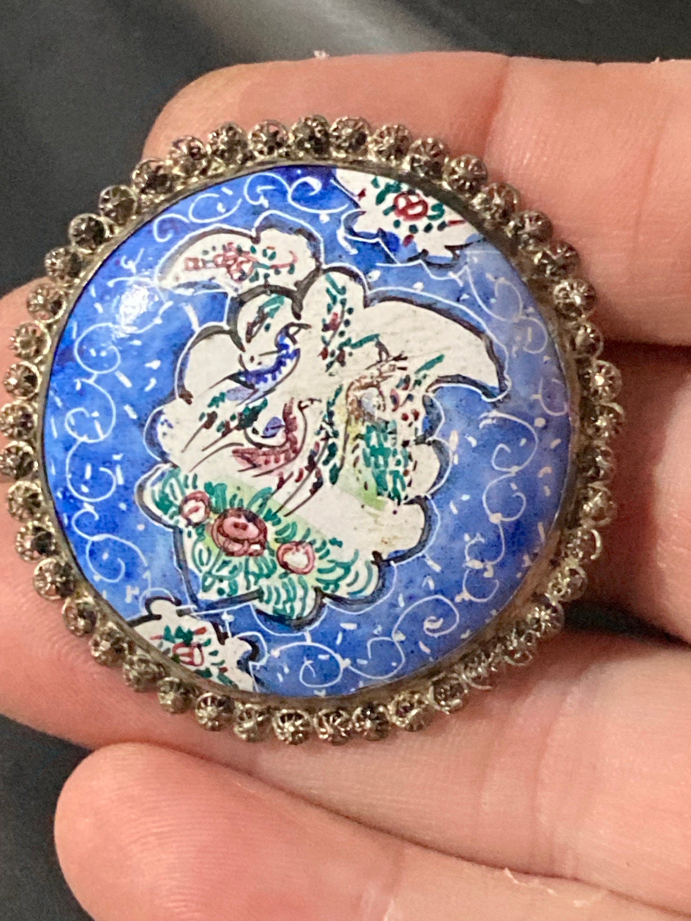 Antique Hand Painted blue enamel Eastern Arabic Brooch