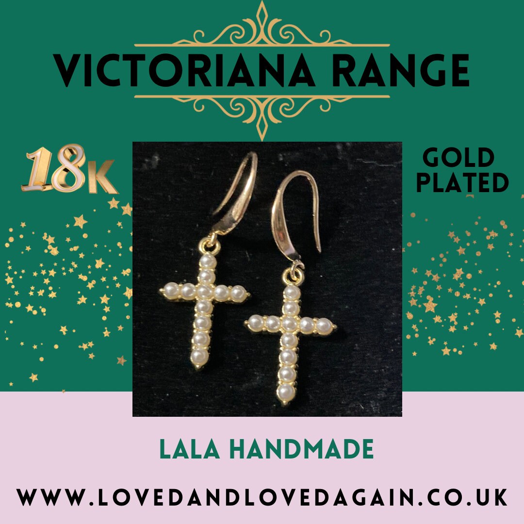 18k gold plated clear seed pearl religious cross earrings