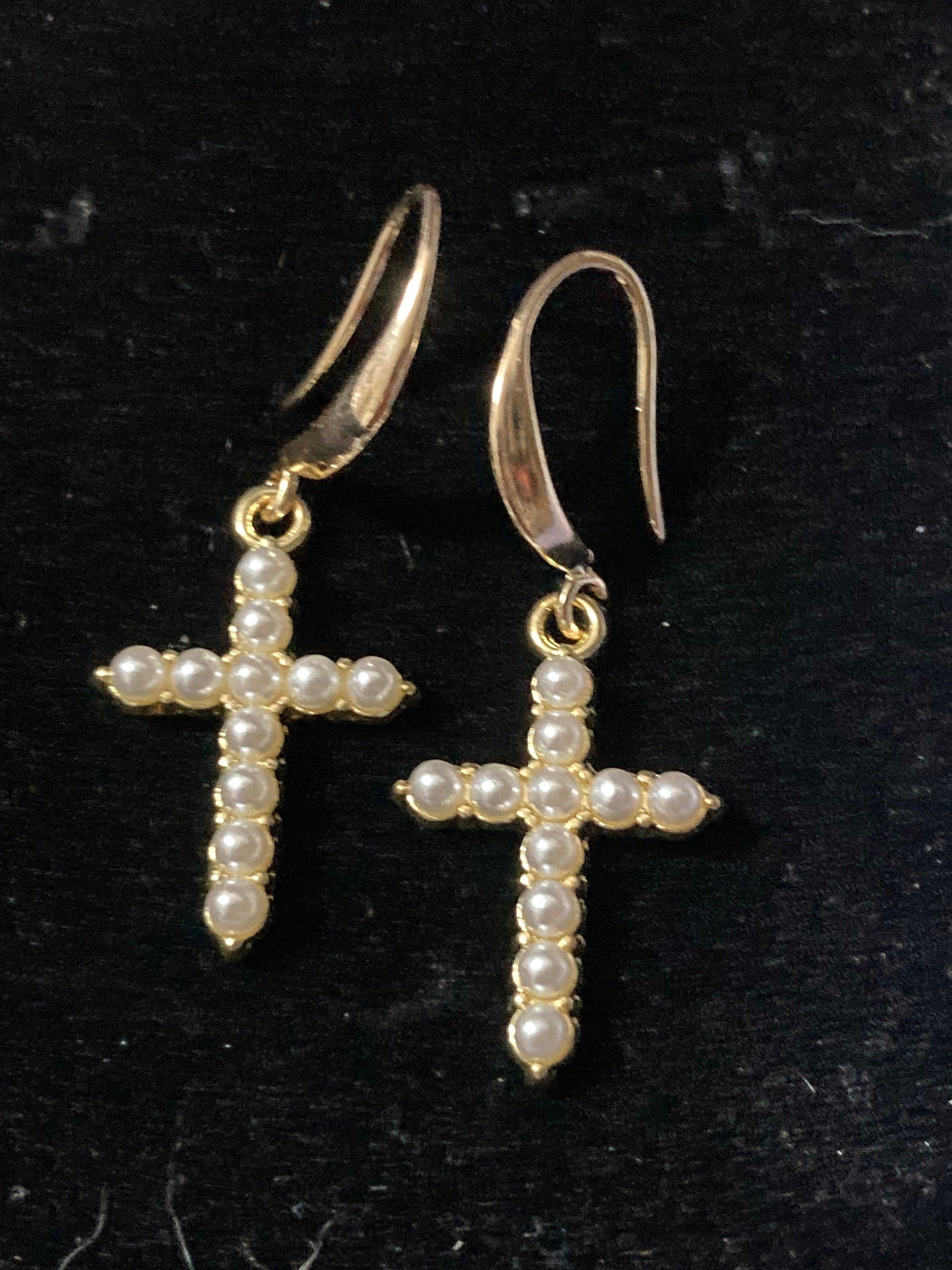 18k gold plated clear seed pearl religious cross earrings