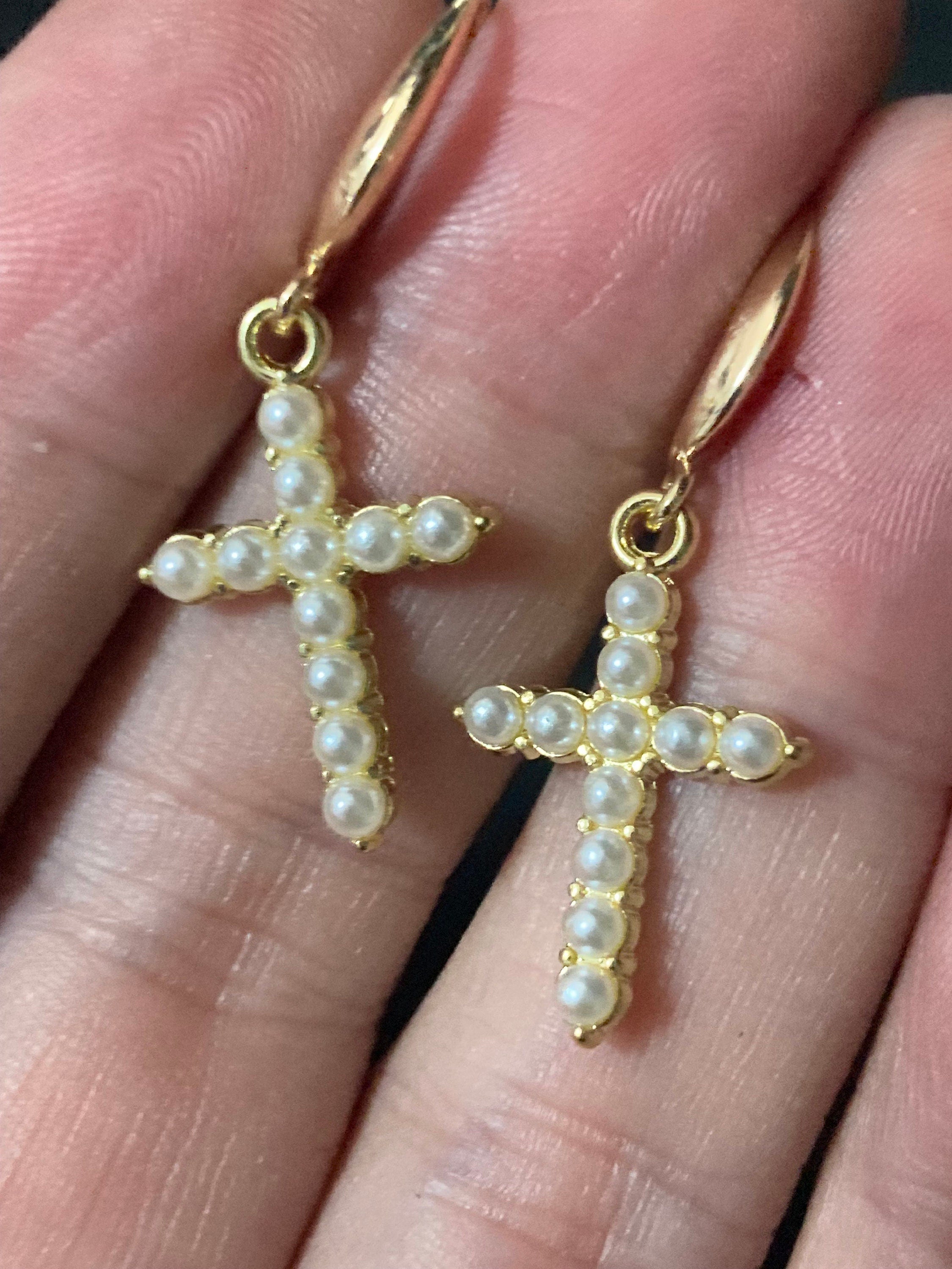 18k gold plated clear seed pearl religious cross earrings