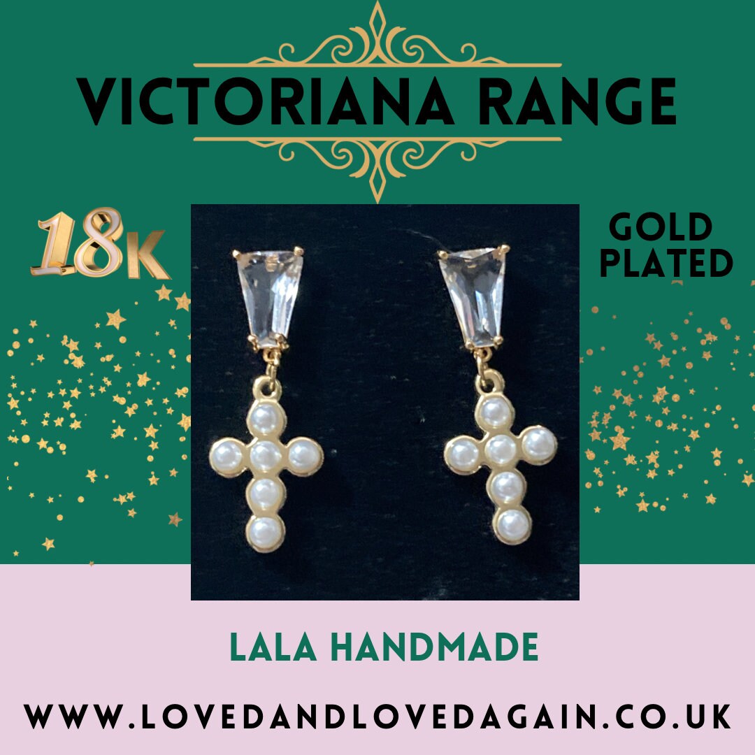 18k gold plated crystal diamanté clear seed pearl religious cross post earrings