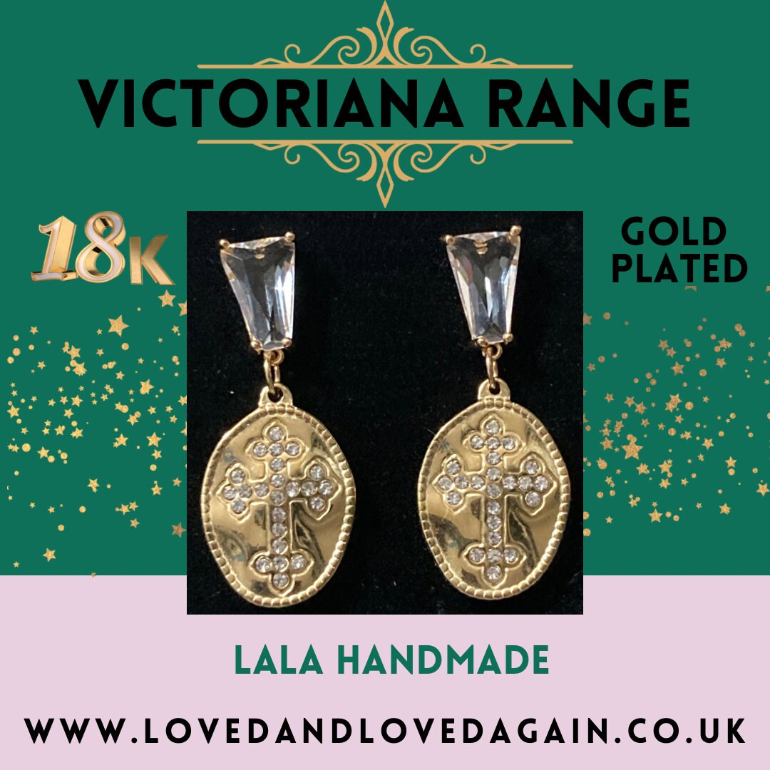 18k gold plated crystal diamanté clear religious cross drop post charm earrings