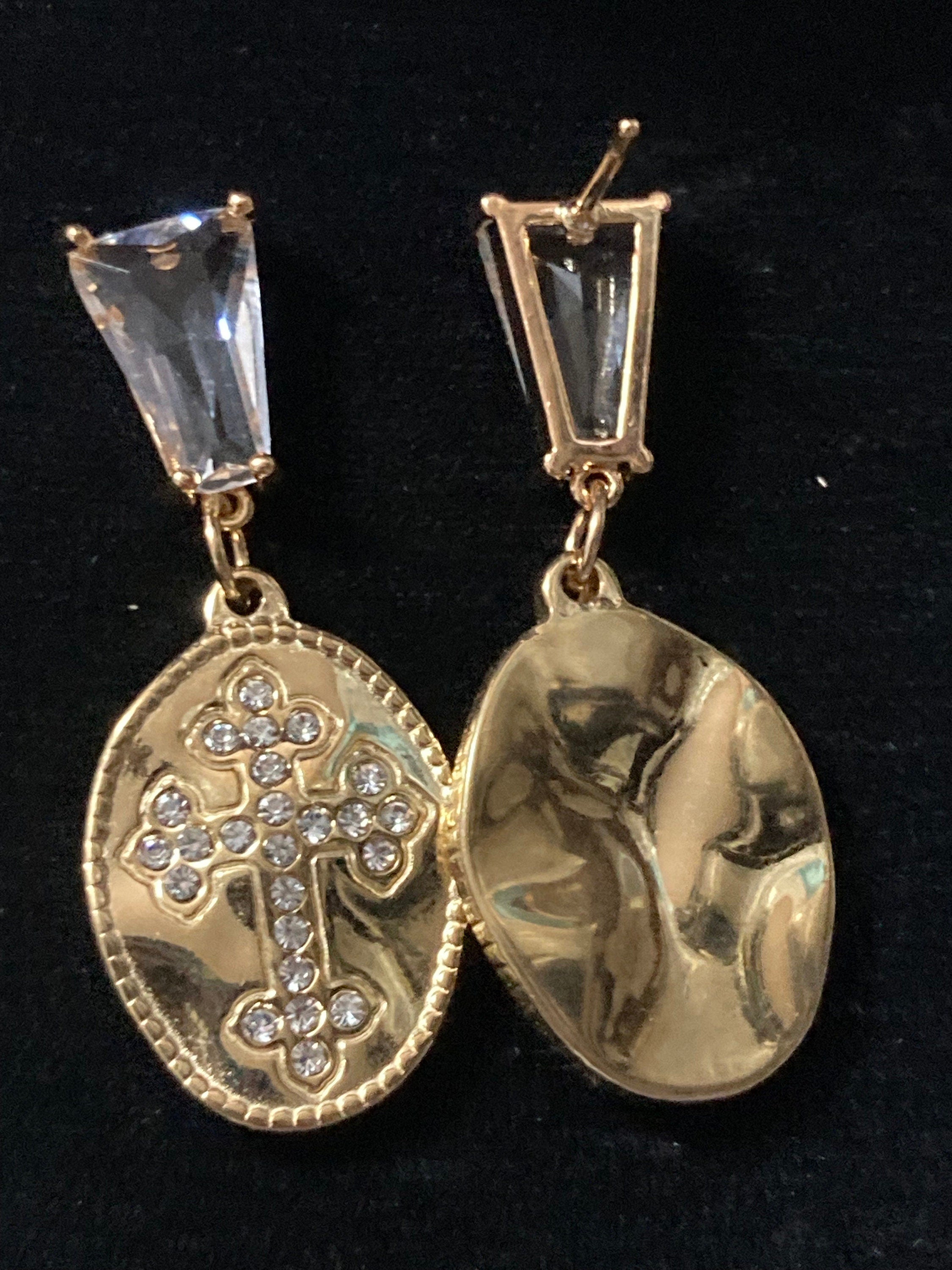 18k gold plated crystal diamanté clear religious cross drop post charm earrings