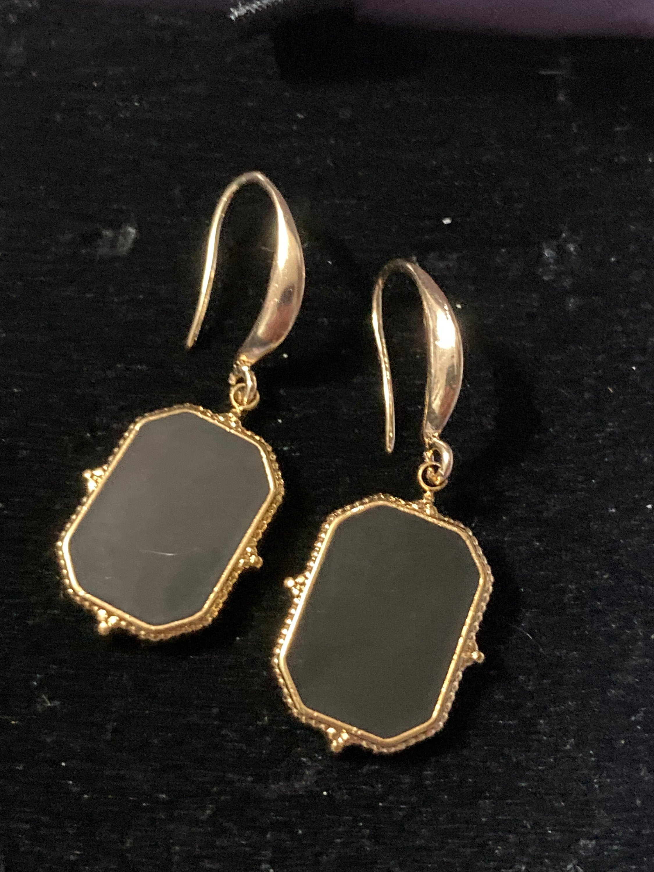 18k gold plated black enamel Victorian charm panel earrings