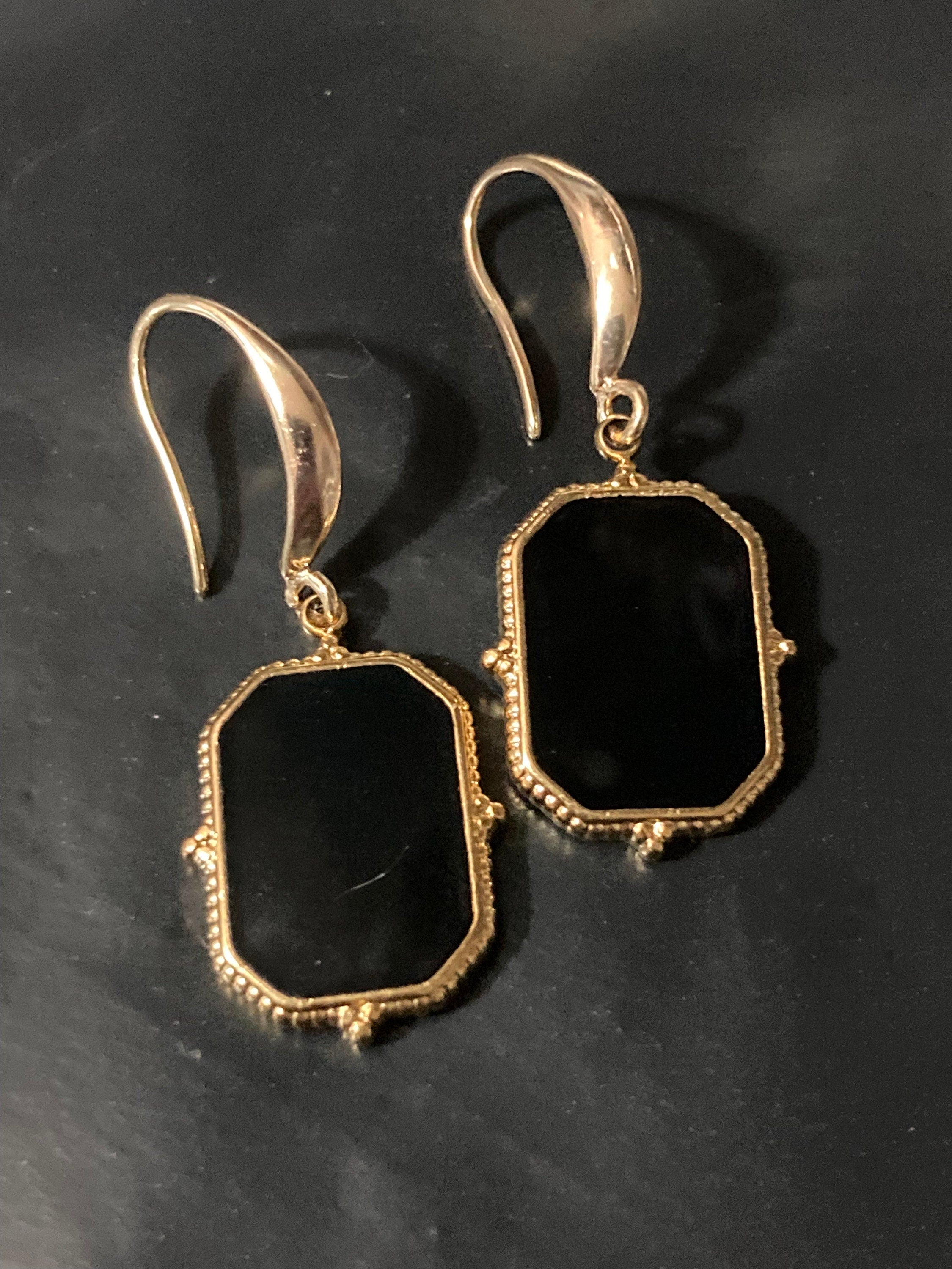 18k gold plated black enamel Victorian charm panel earrings