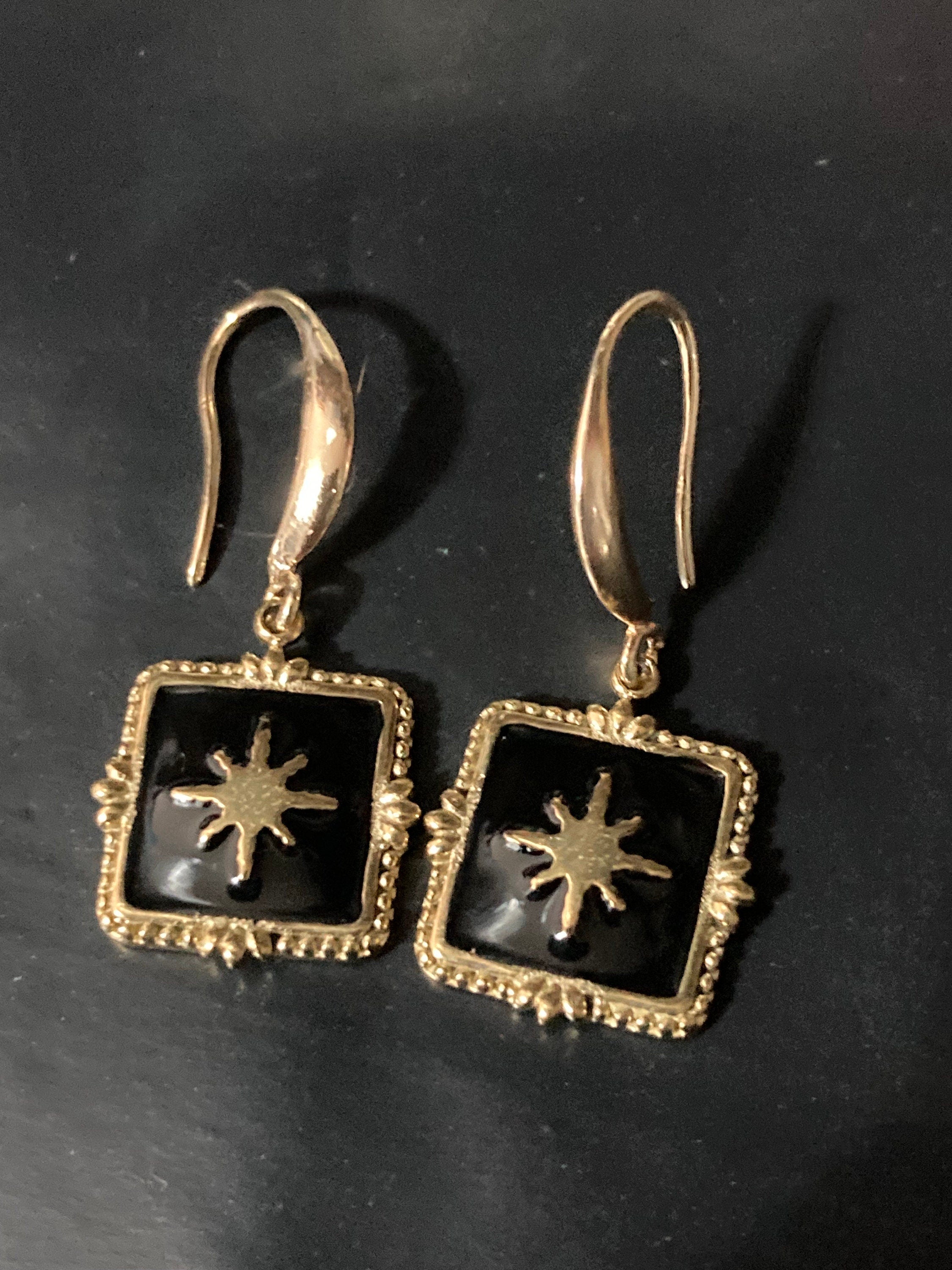 18k gold plated black enamel Victorian star charm panel earrings