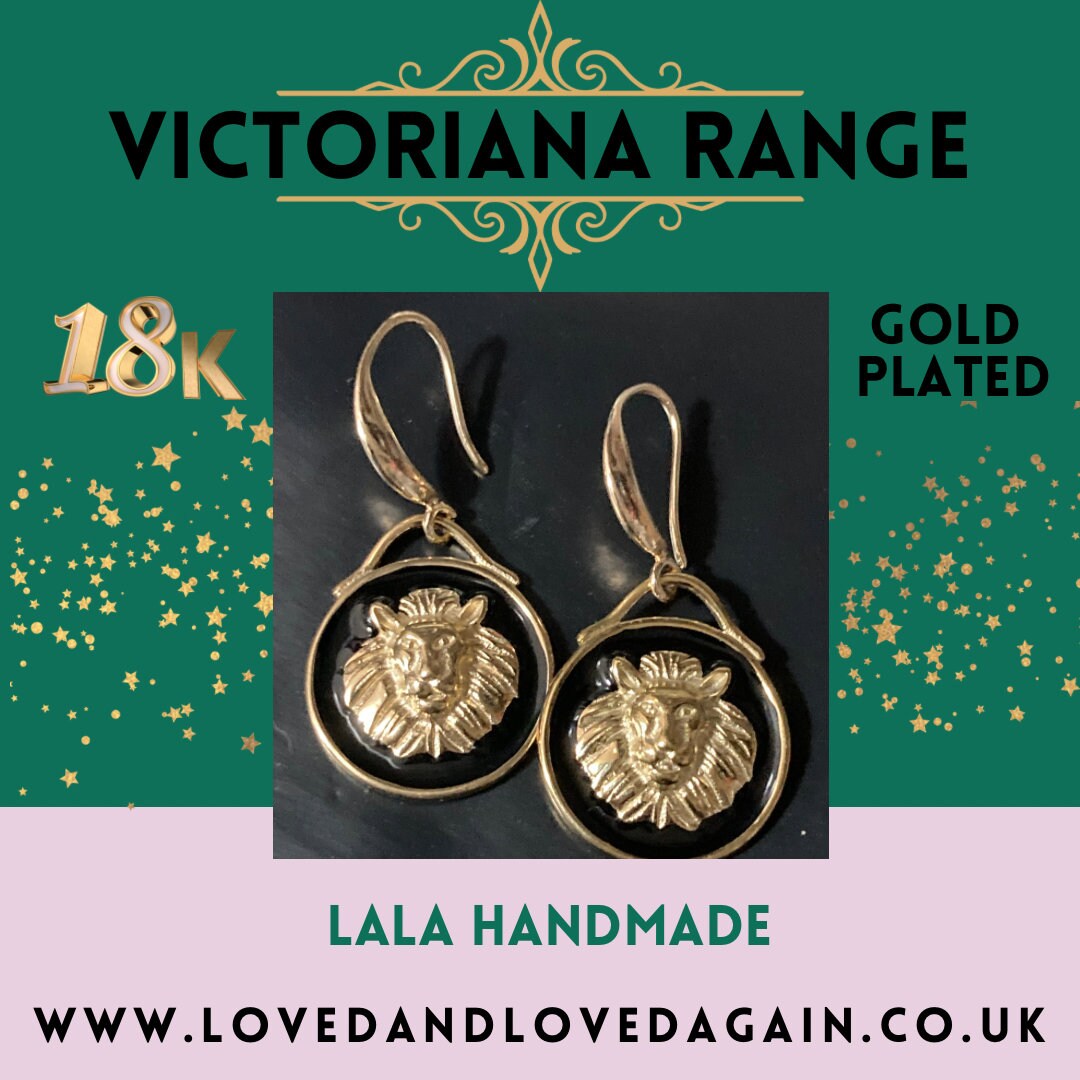 18k gold plated black enamel Victorian lion head charm panel earrings