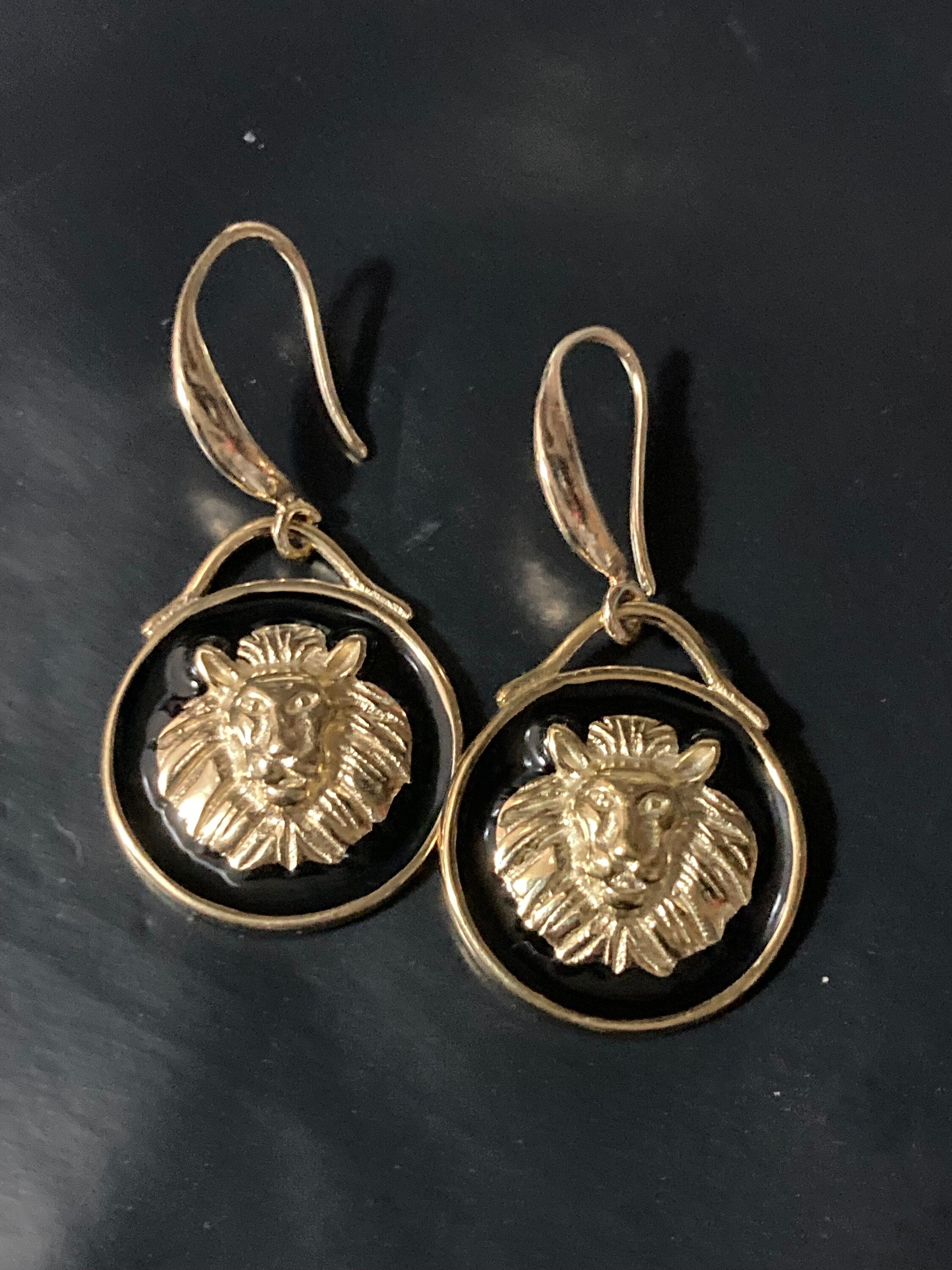 18k gold plated black enamel Victorian lion head charm panel earrings