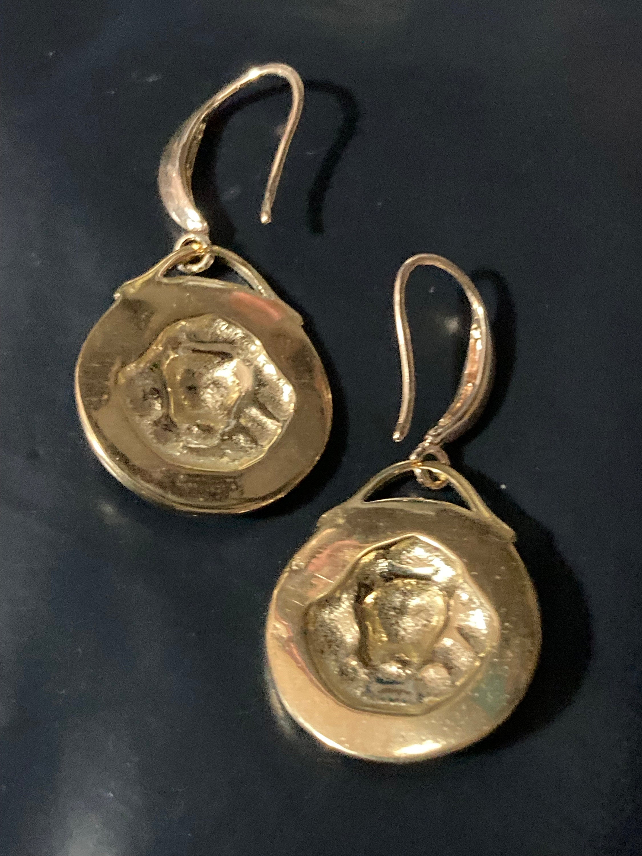 18k gold plated black enamel Victorian lion head charm panel earrings