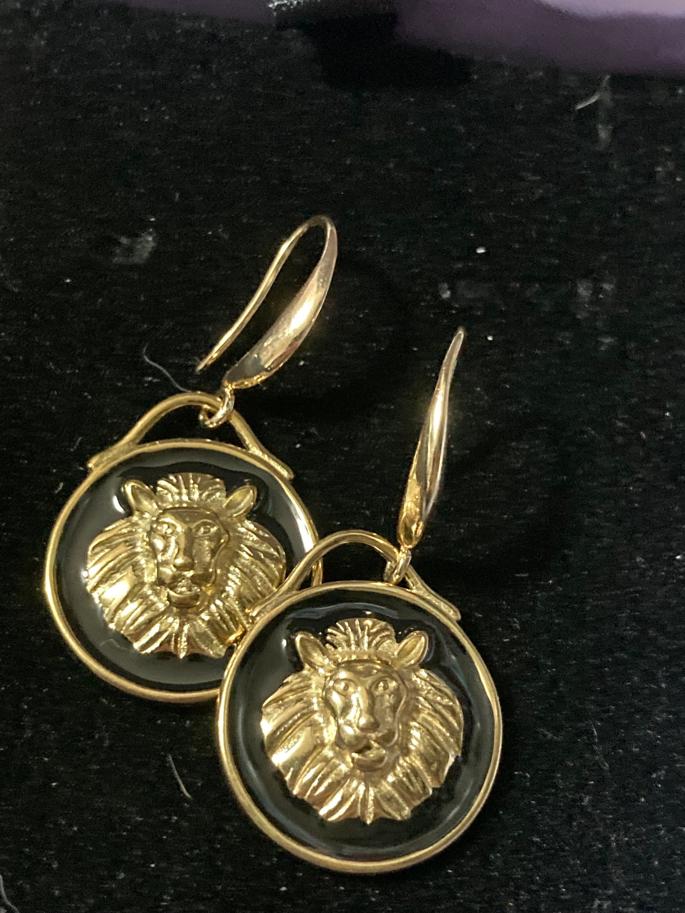 18k gold plated black enamel Victorian lion head charm panel earrings