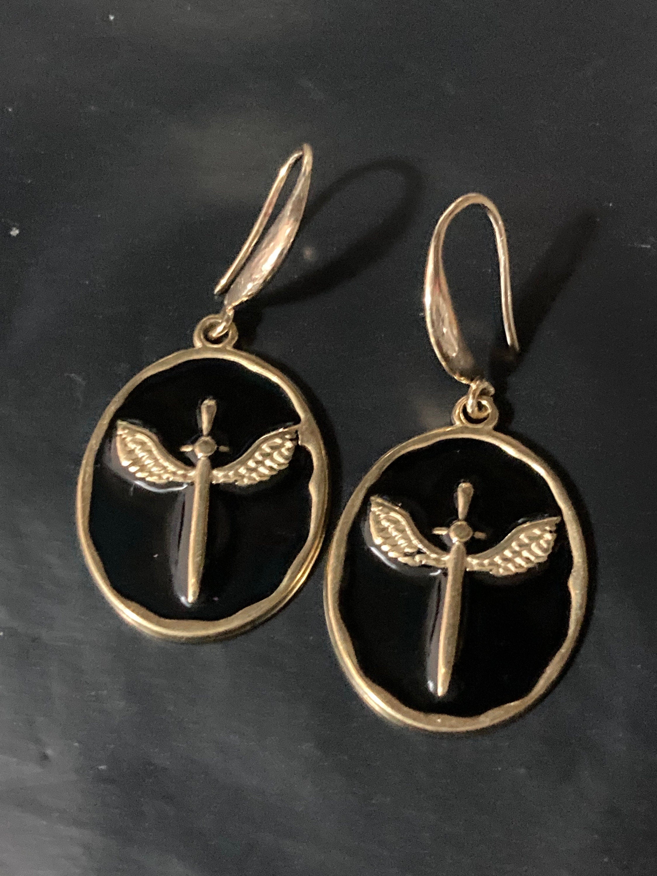 18k gold plated black enamel Victorian winged sword charm panel earrings