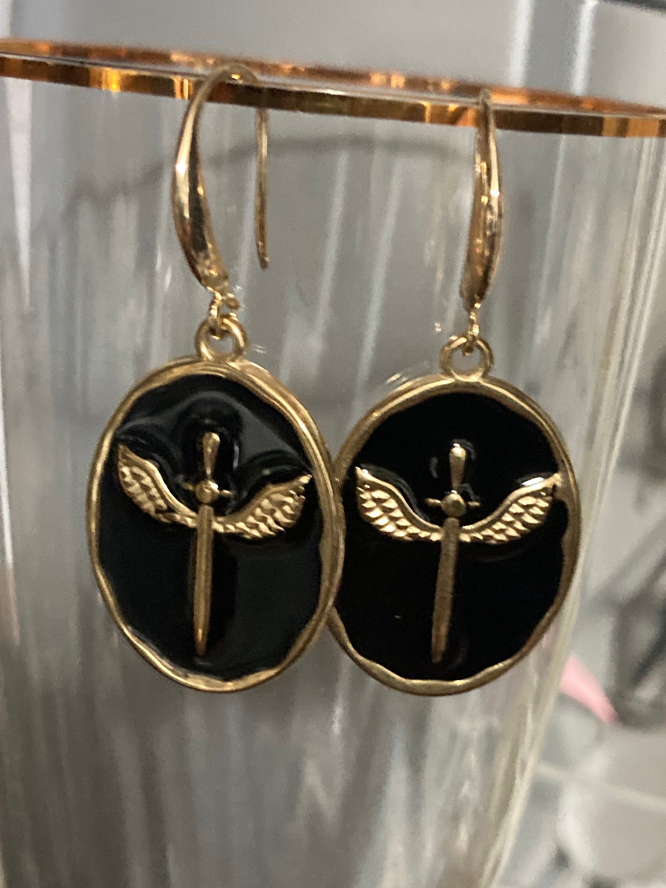 18k gold plated black enamel Victorian winged sword charm panel earrings