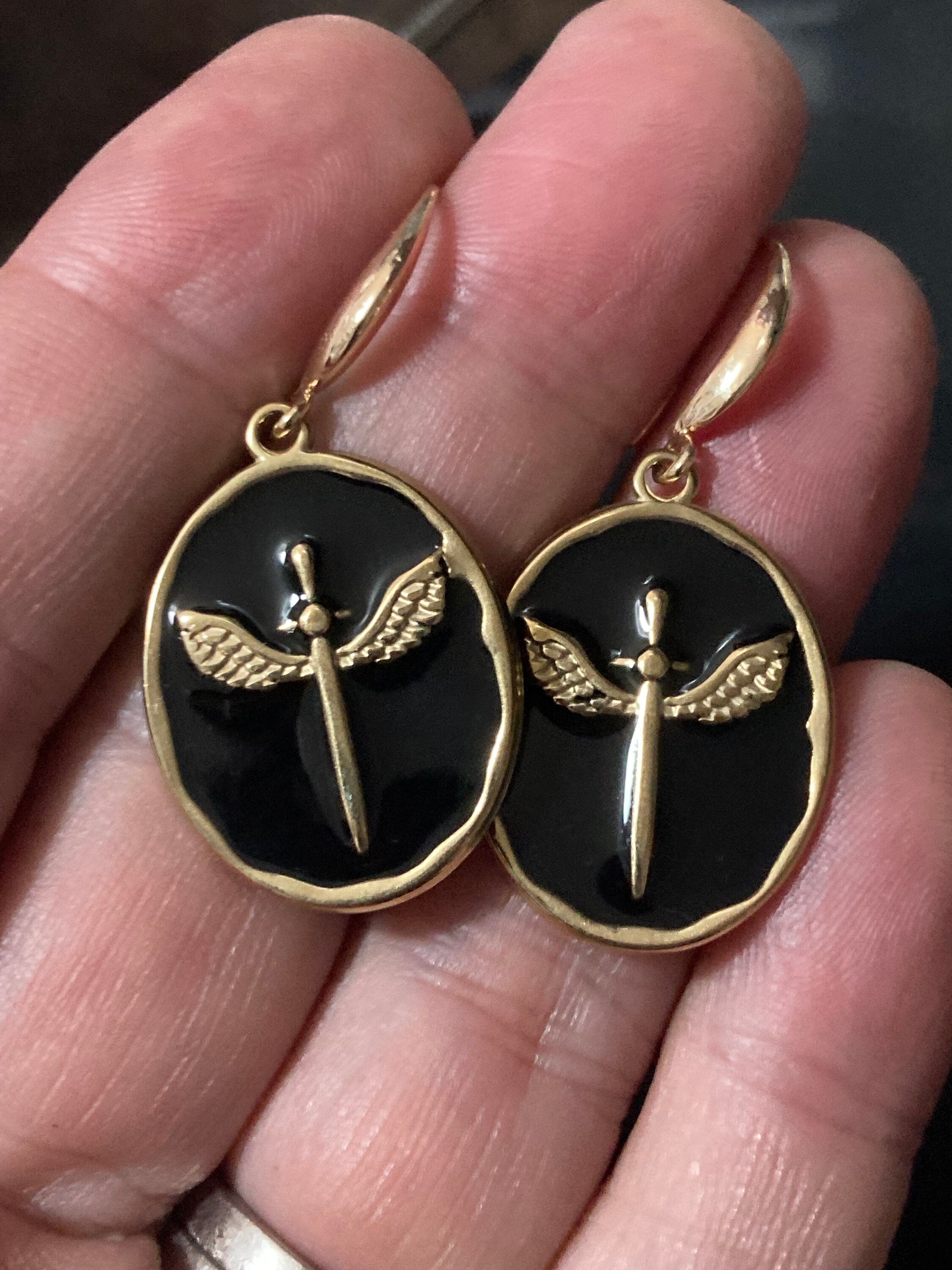 18k gold plated black enamel Victorian winged sword charm panel earrings
