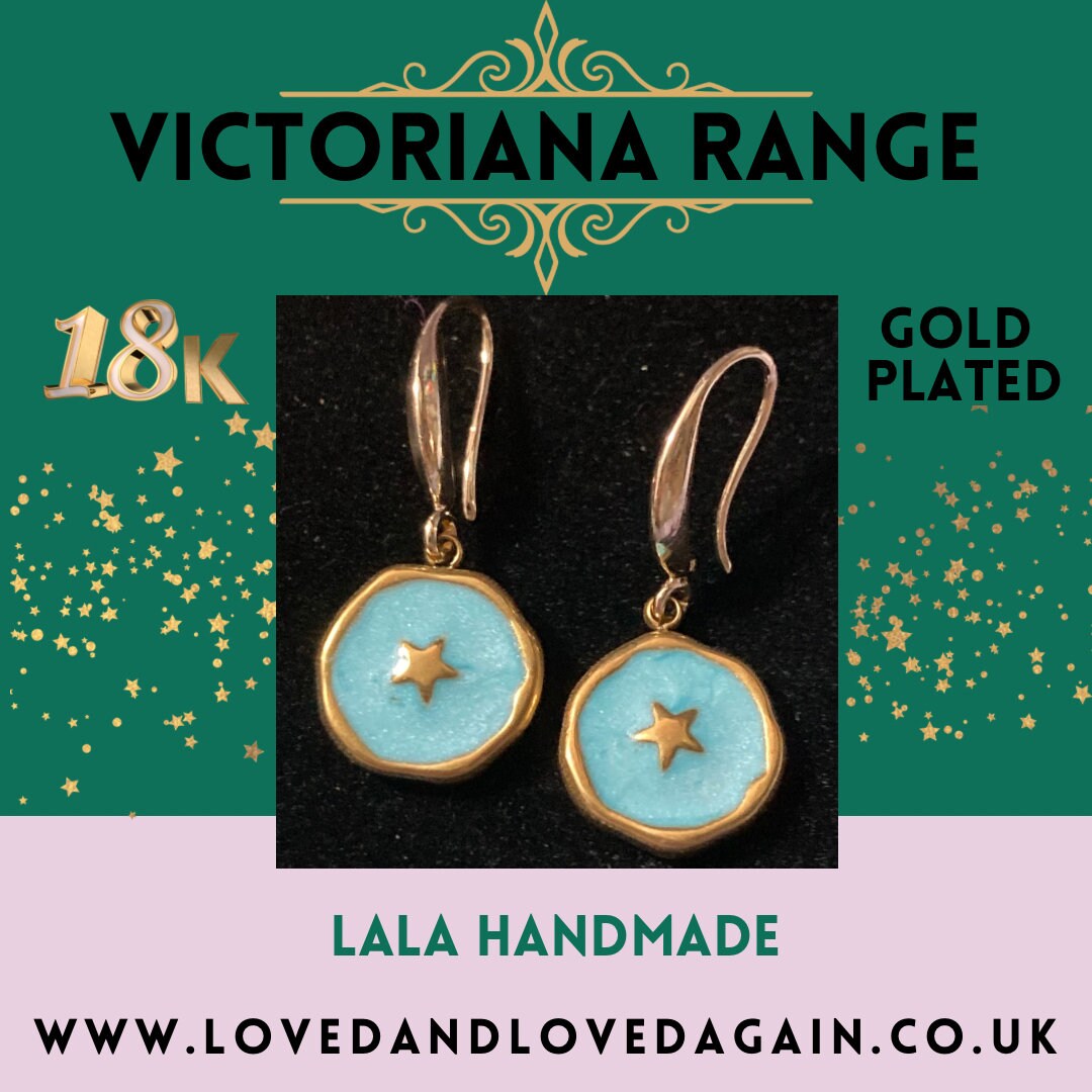 18k gold plated turquoise blue enamel Victorian star charm panel earrings