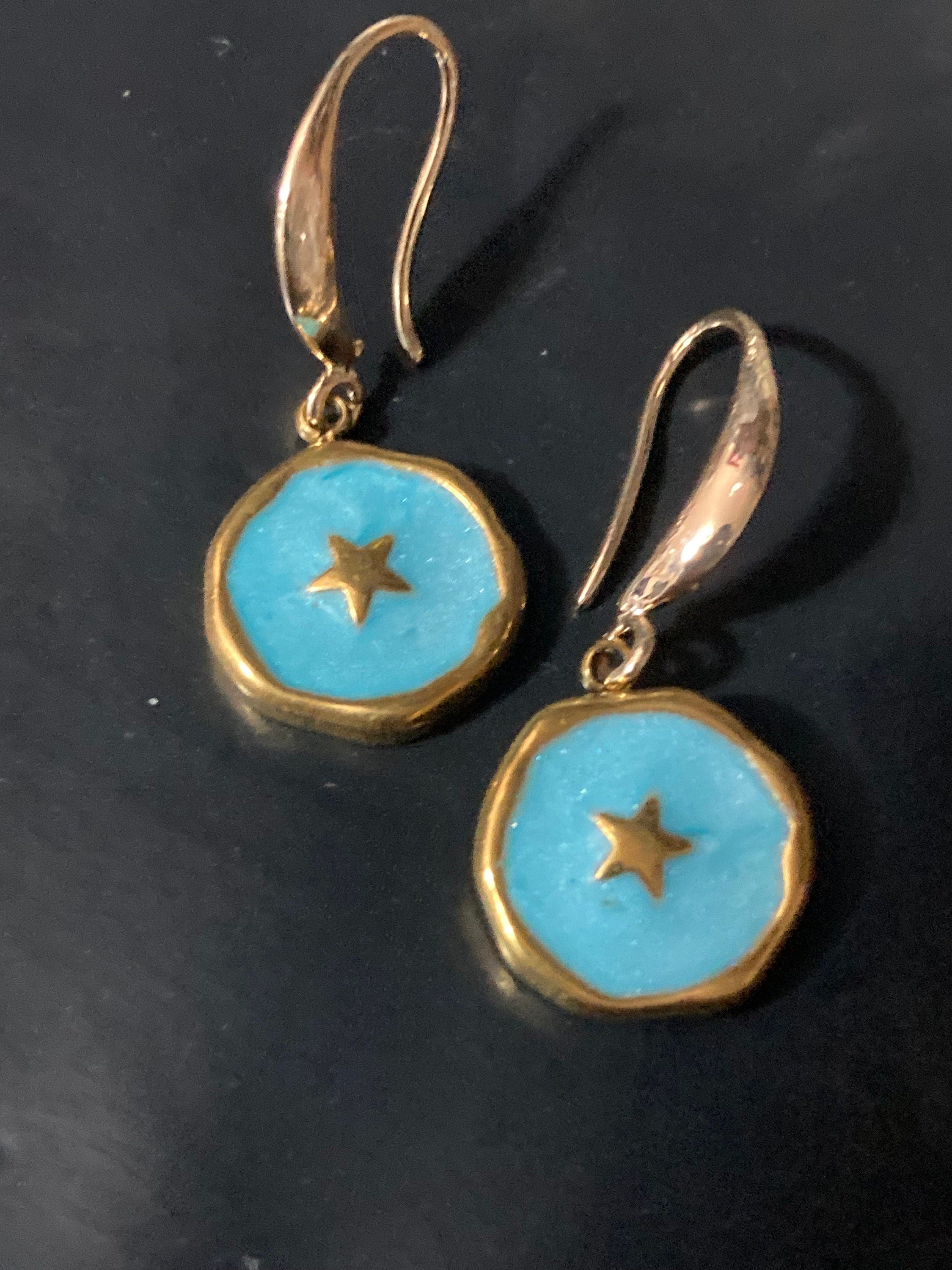 18k gold plated turquoise blue enamel Victorian star charm panel earrings