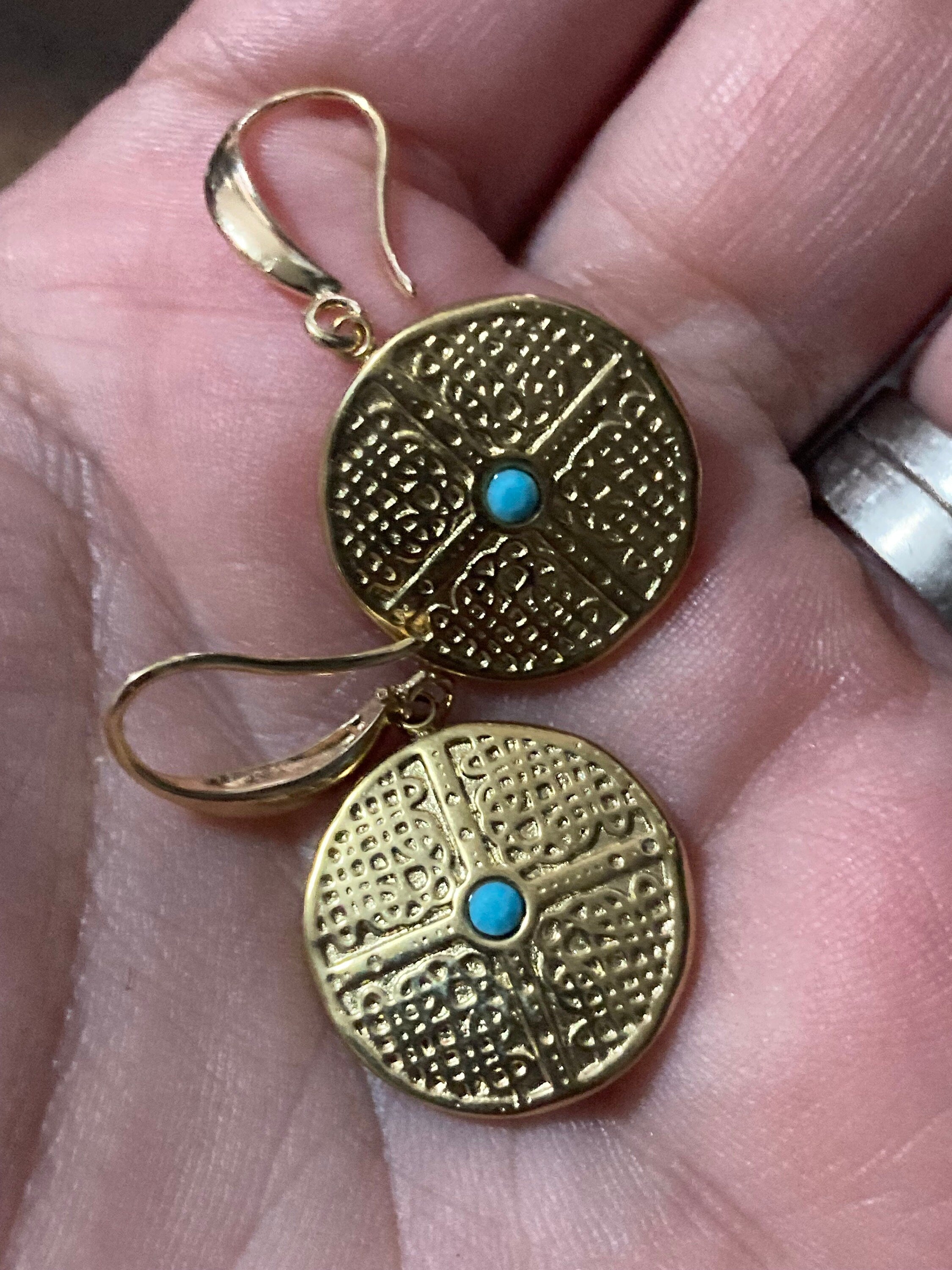 18k gold plated turquoise blue Victorian disc charm panel earrings