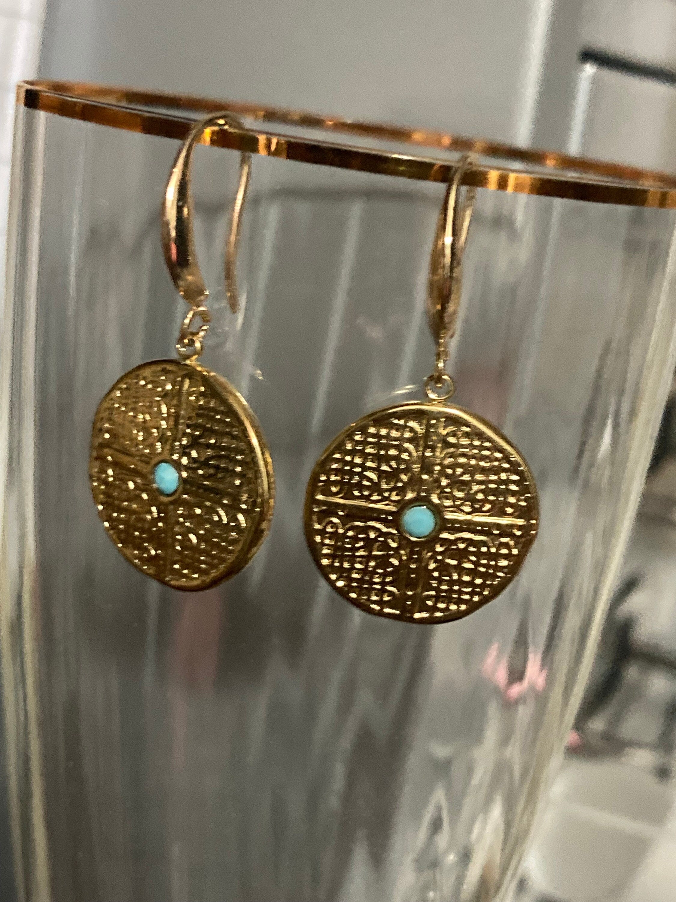 18k gold plated turquoise blue Victorian disc charm panel earrings