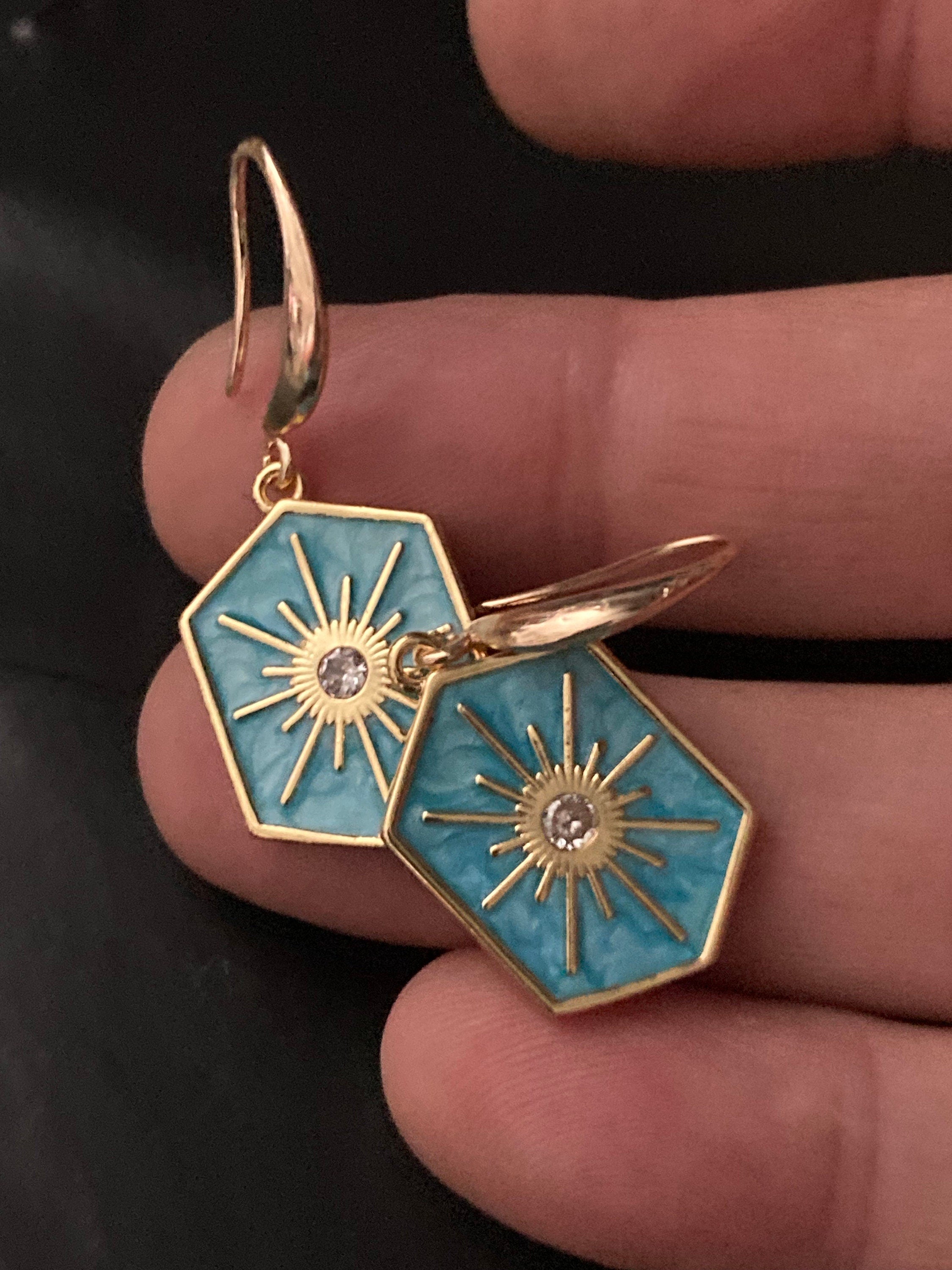 18k gold plated turquoise blue enamel Victorian octagonal star charm panel earrings