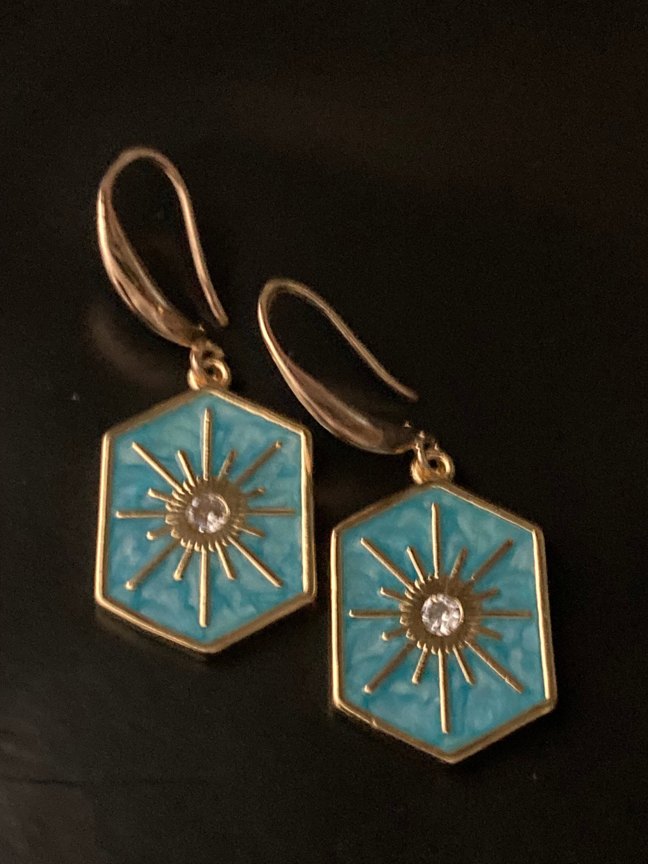 18k gold plated turquoise blue enamel Victorian octagonal star charm panel earrings