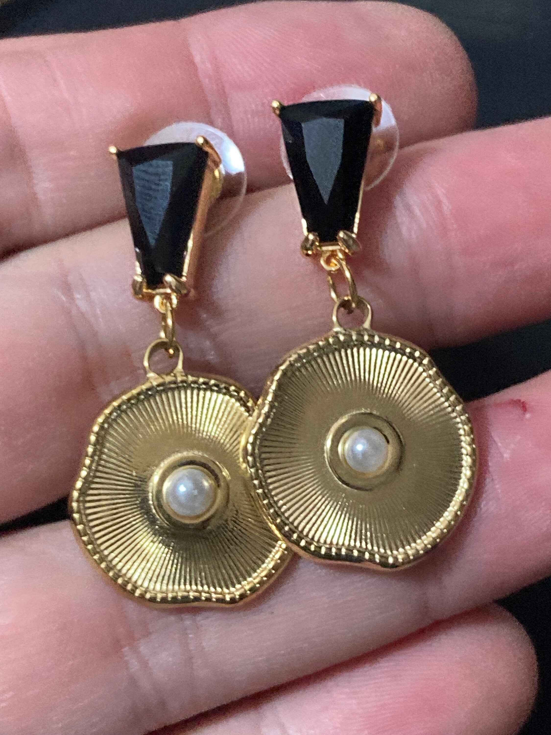 18k gold plated seed pearl black crystal diamanté Victorian post charm earrings