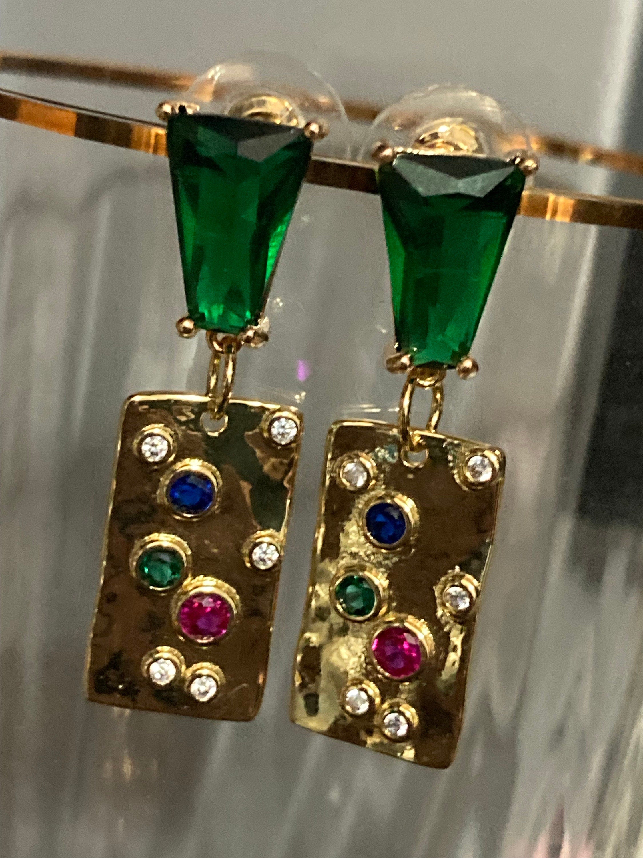 18k gold plated emerald green crystal diamanté post charm earrings pink