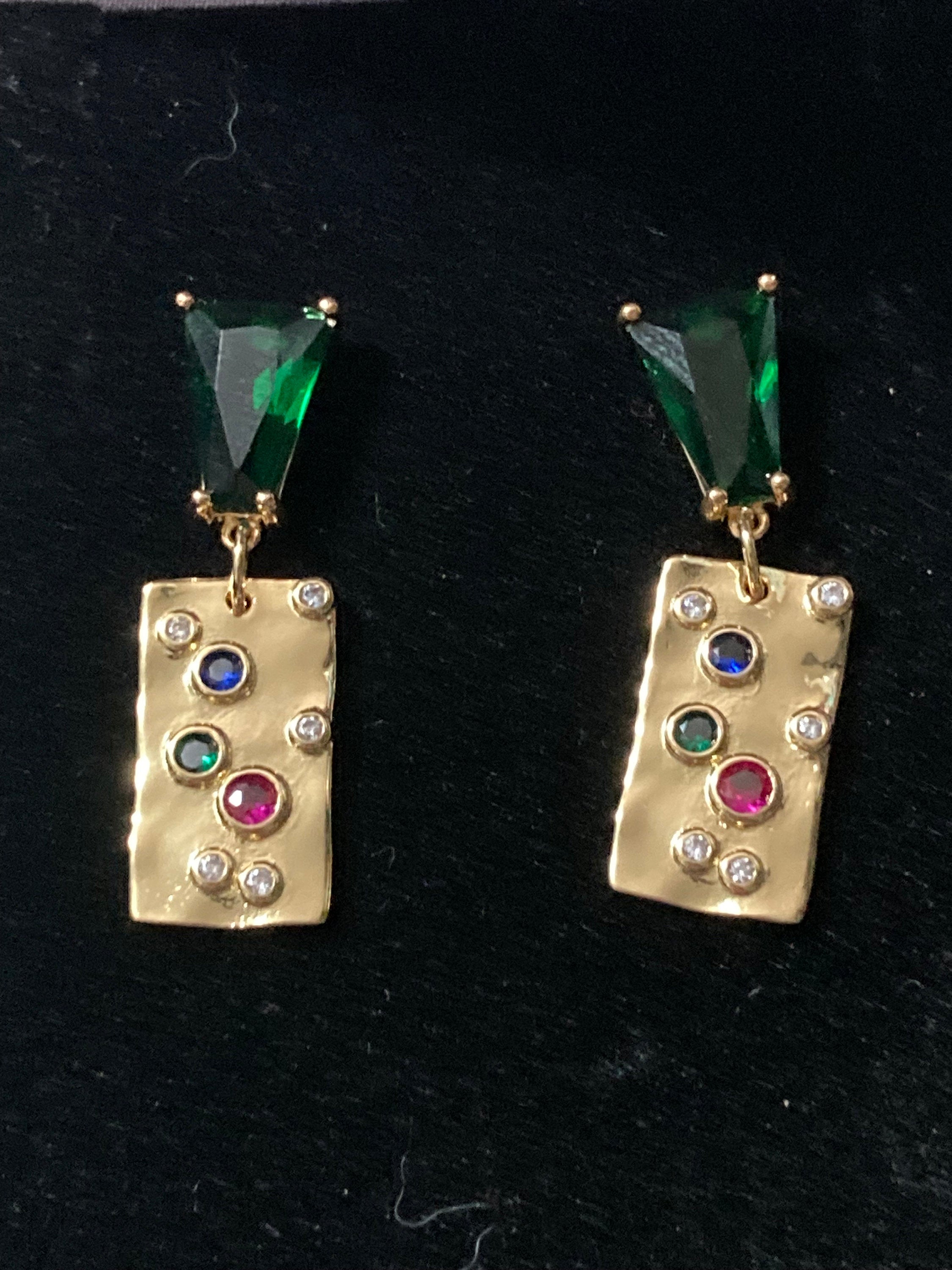 18k gold plated emerald green crystal diamanté post charm earrings pink