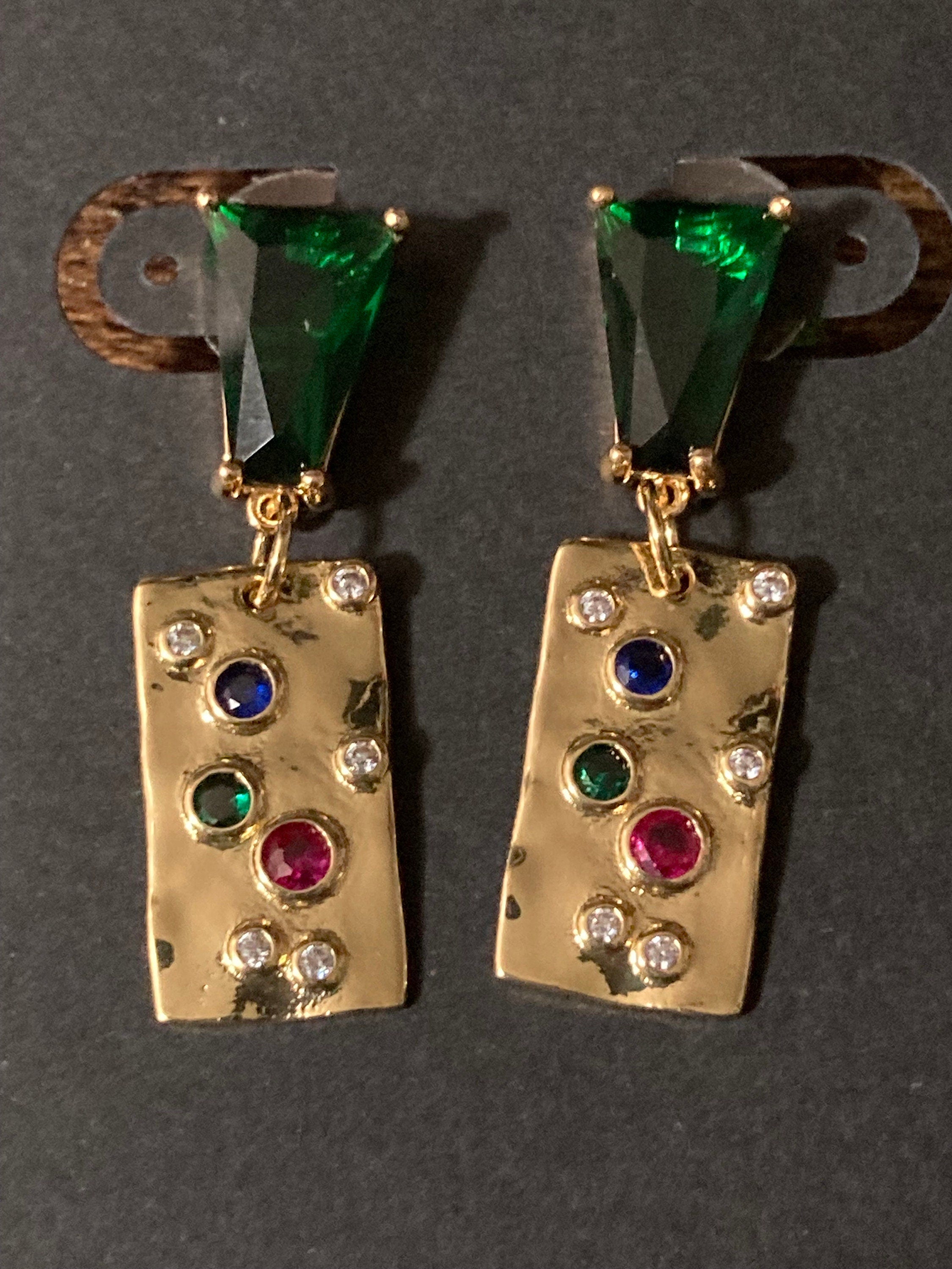 18k gold plated emerald green crystal diamanté post charm earrings pink