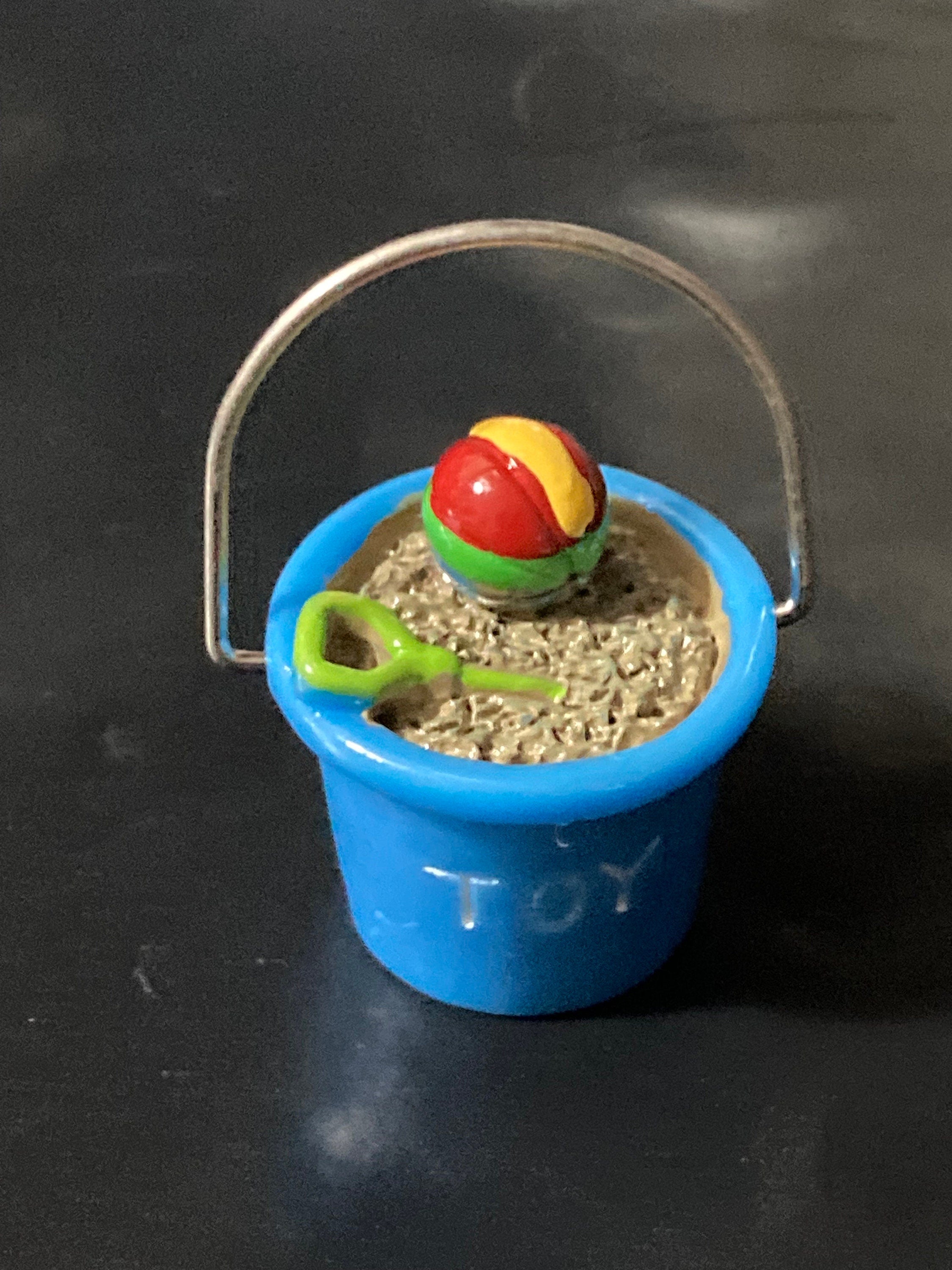 Miniature Blue Sand Bucket: Dollhouse Cake Topper Beach Decor