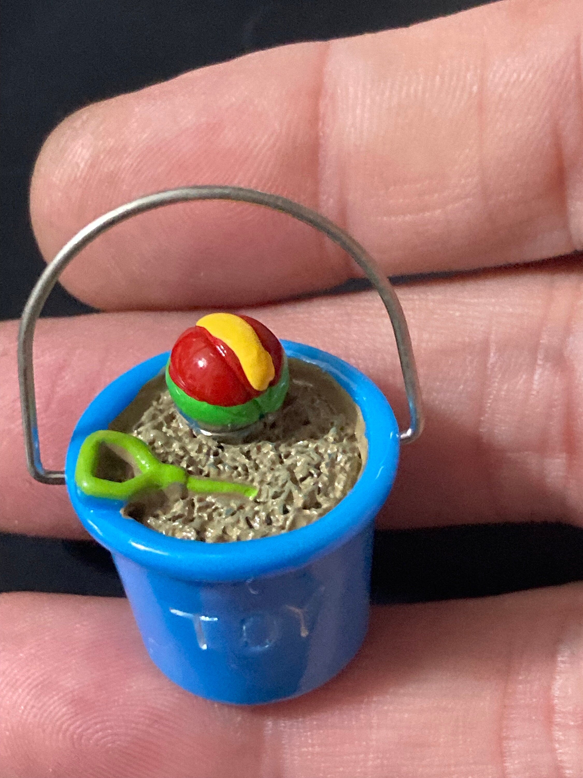 Miniature Blue Sand Bucket: Dollhouse Cake Topper Beach Decor