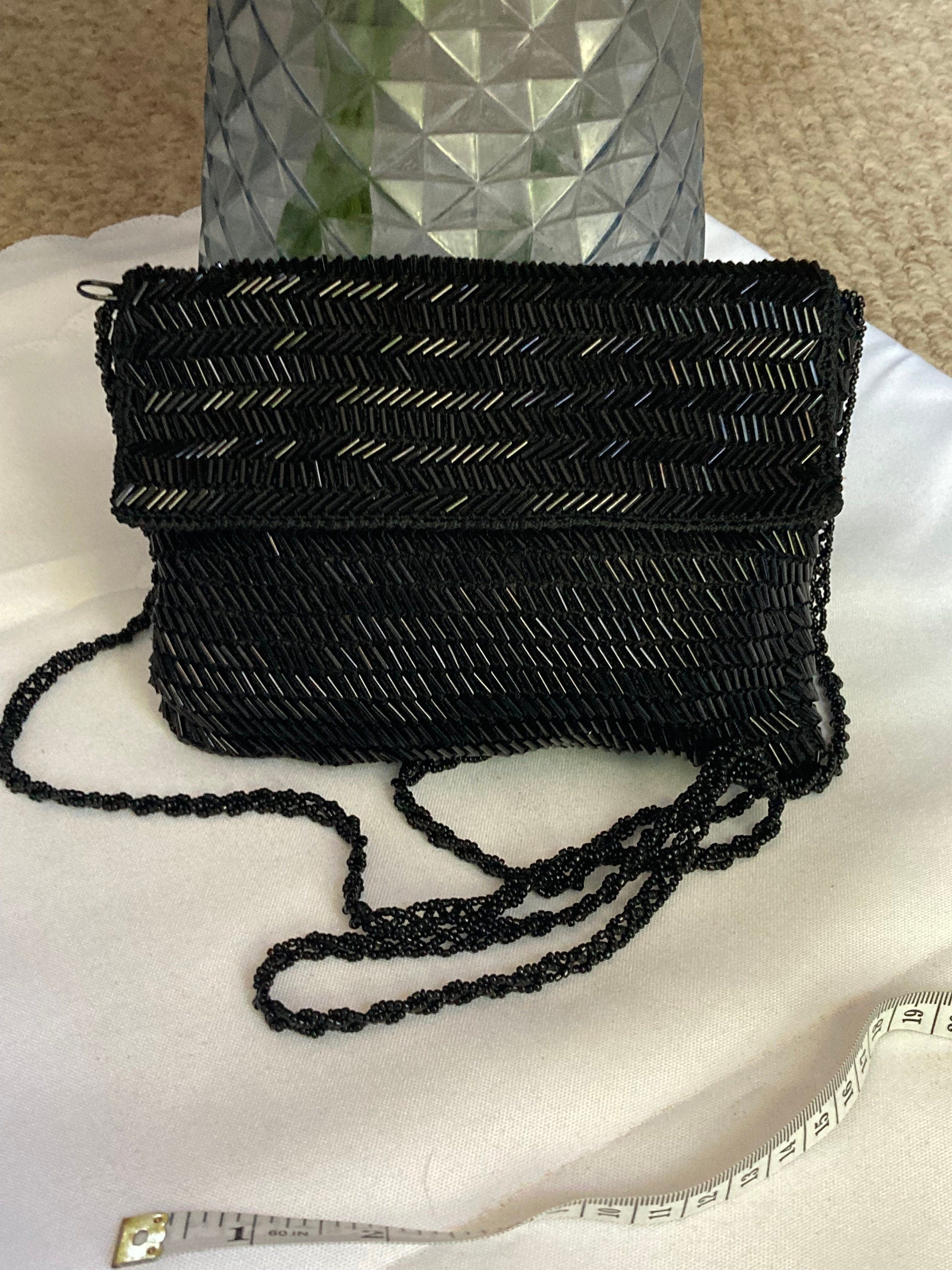 Retro shiny black geometric glass bugle Beaded evening Bag shoulder purse seed bead Woven strap and internal zip