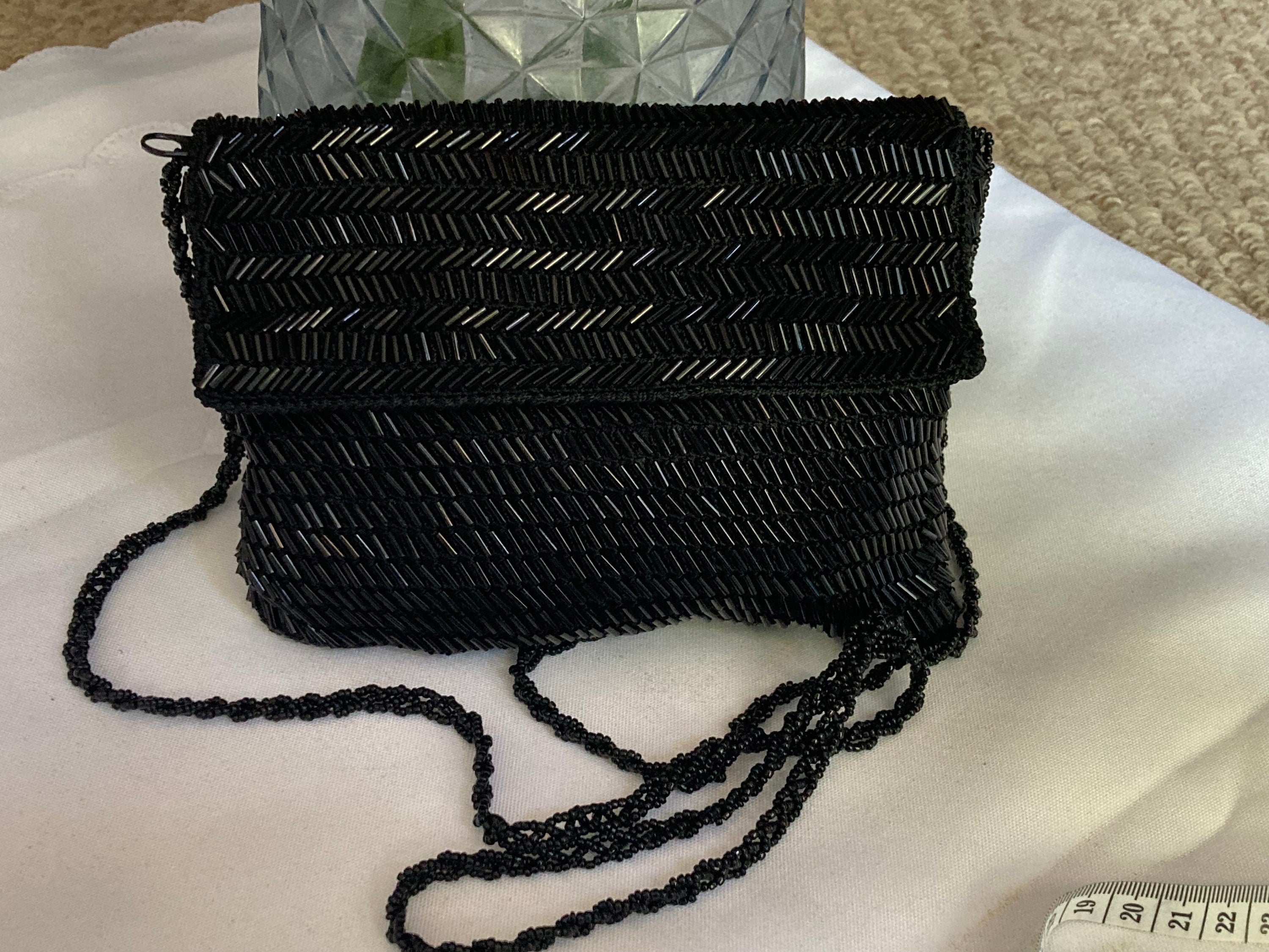 Retro shiny black geometric glass bugle Beaded evening Bag shoulder purse seed bead Woven strap and internal zip