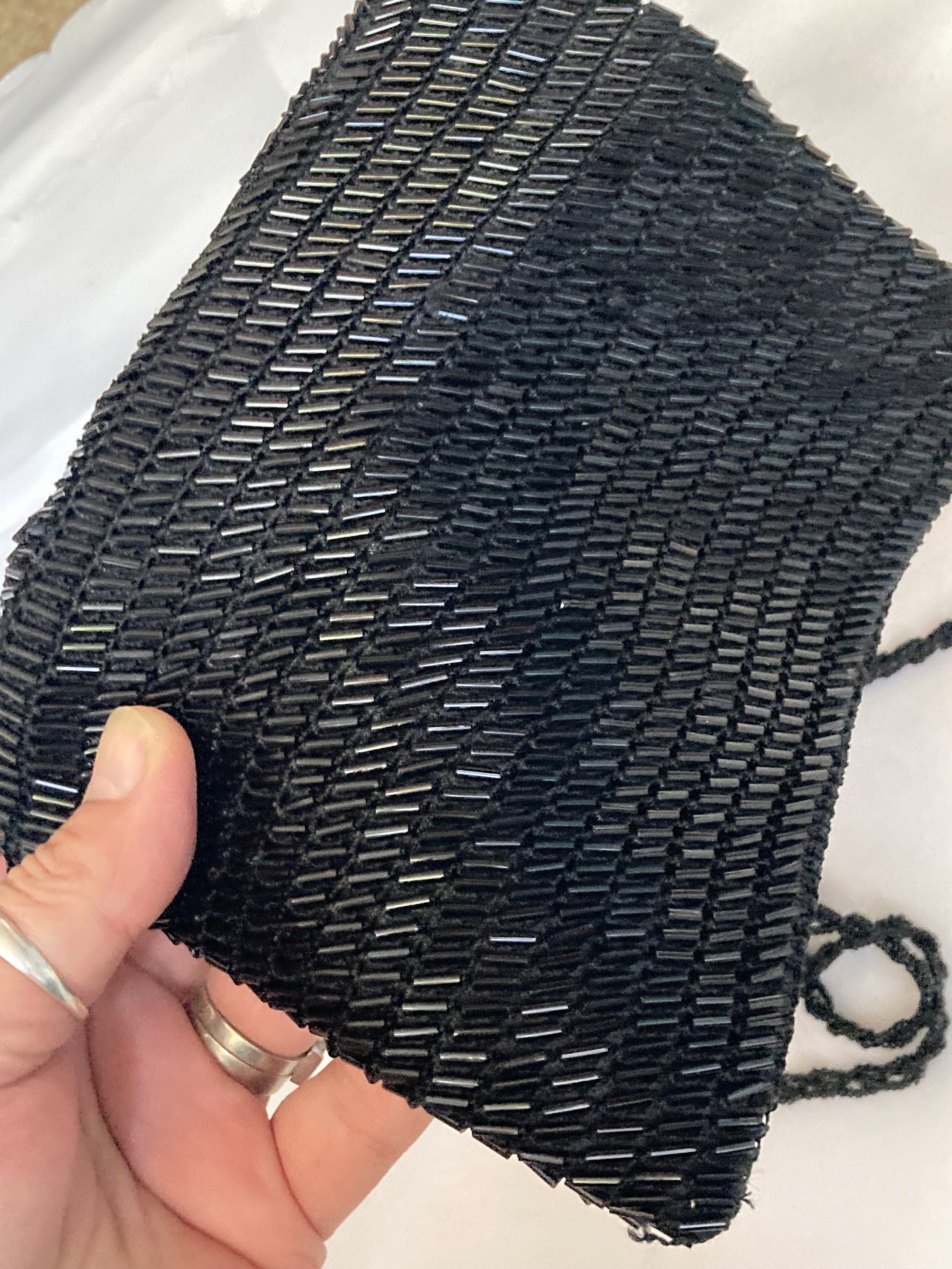 Retro shiny black geometric glass bugle Beaded evening Bag shoulder purse seed bead Woven strap and internal zip