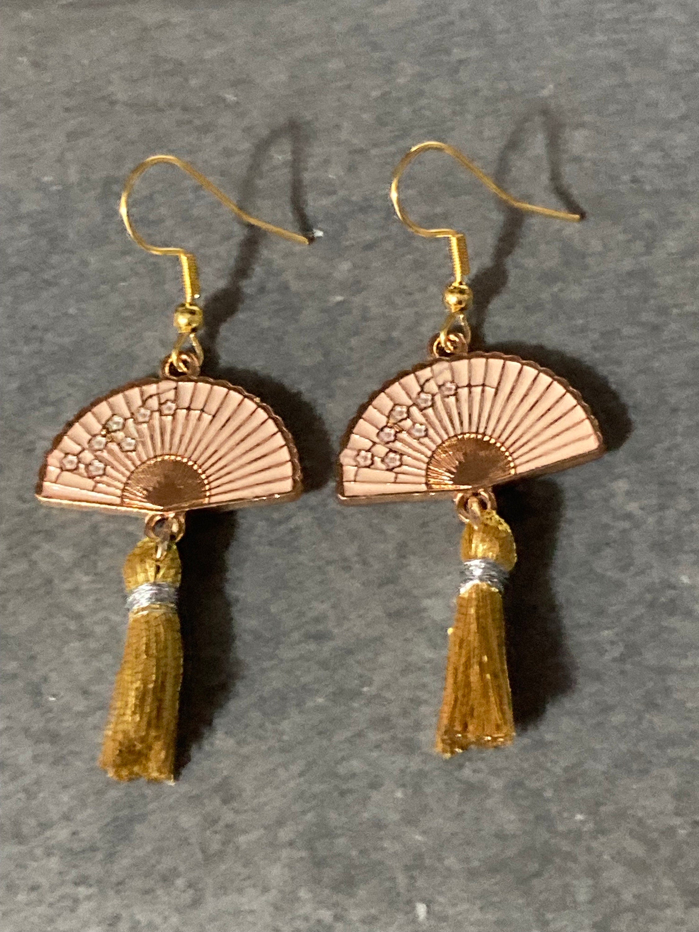 Japanese pink tassel fan earrings Vintage style gold tone Chinese pierced