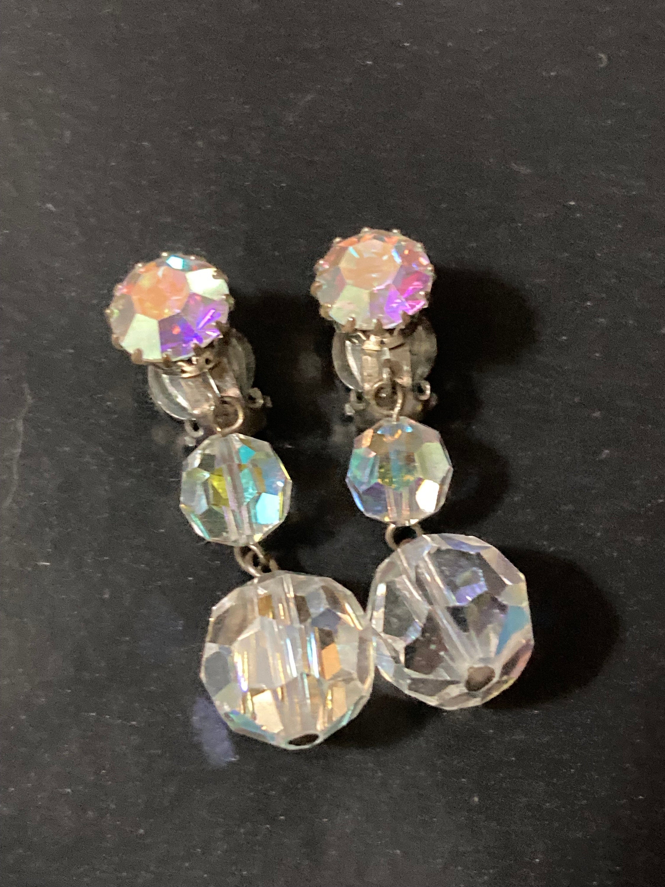 vintage Clear AB aurora borealis glass rhinestone beaded diamanté Clip on drop earrings dangly
