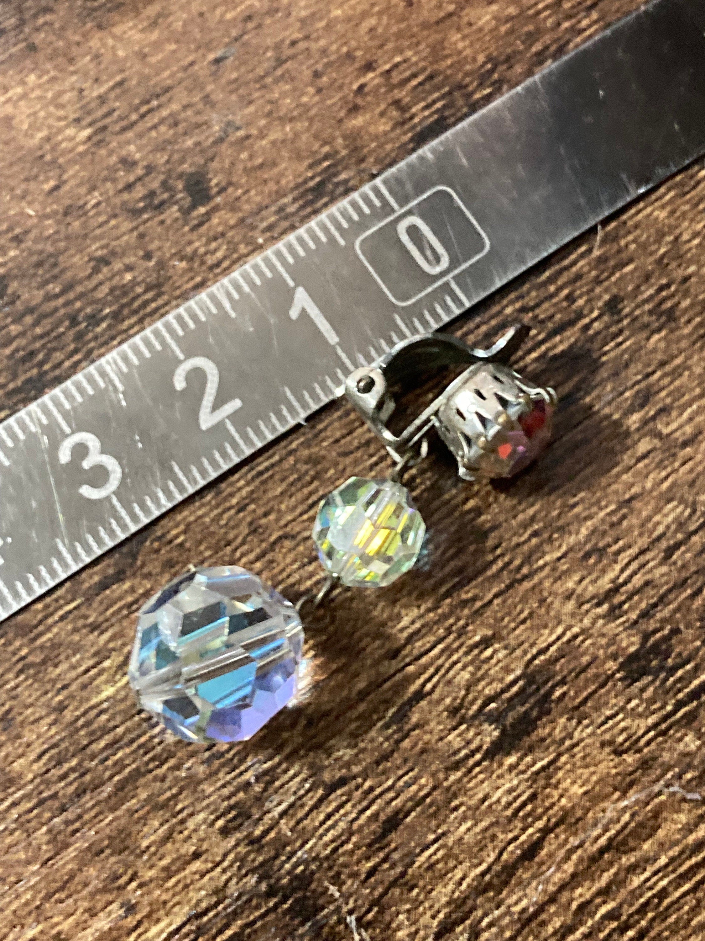 vintage Clear AB aurora borealis glass rhinestone beaded diamanté Clip on drop earrings dangly