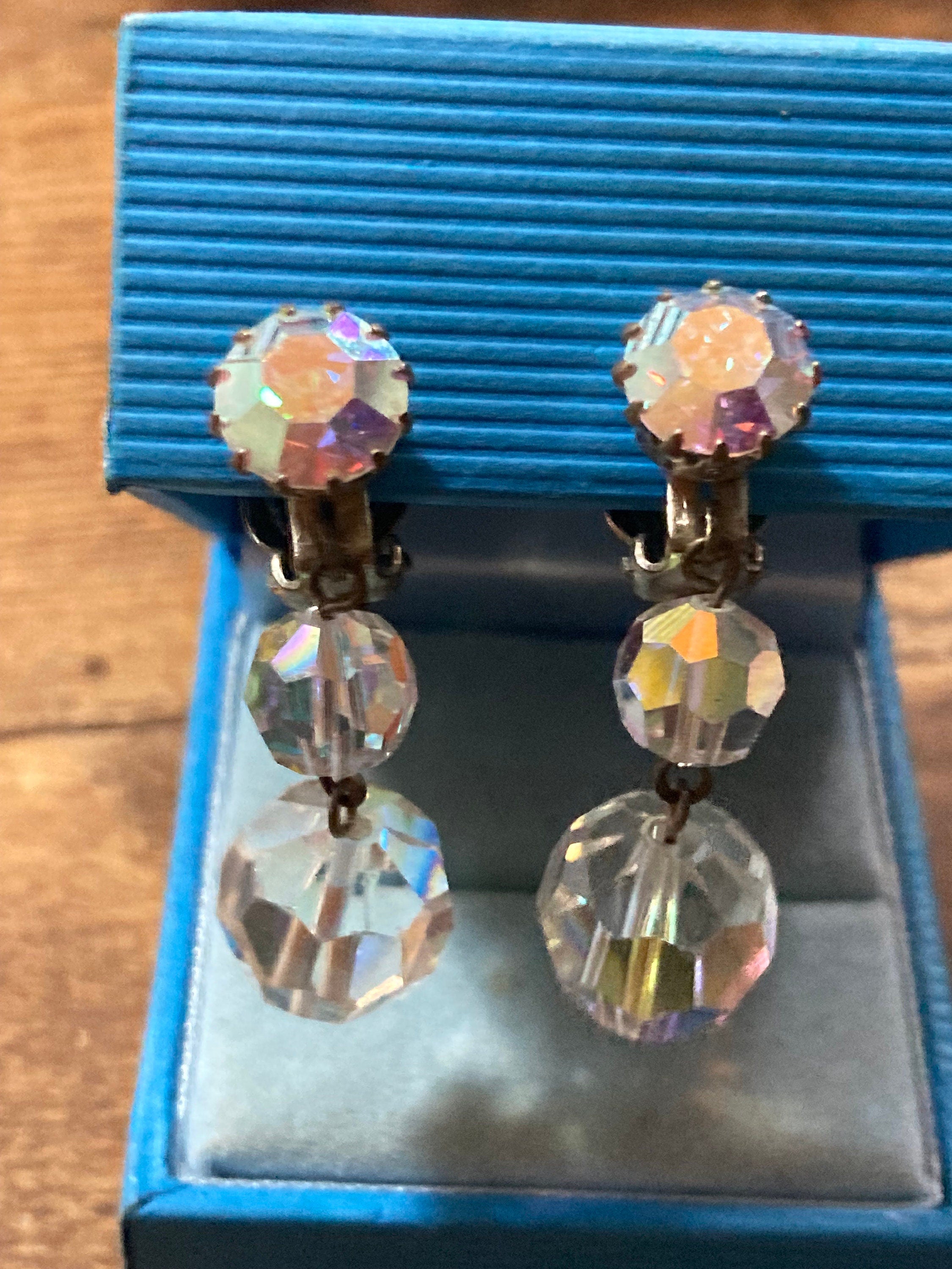 vintage Clear AB aurora borealis glass rhinestone beaded diamanté Clip on drop earrings dangly
