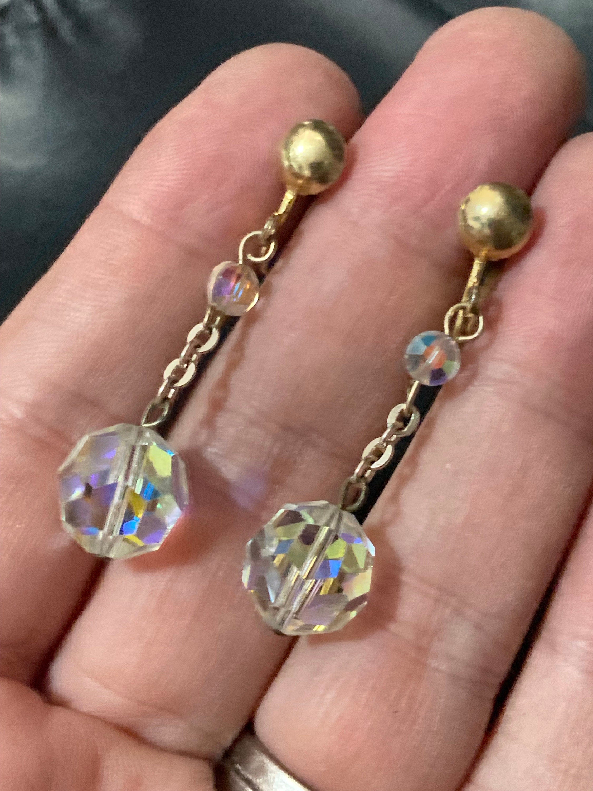 vintage Clear AB aurora borealis glass rhinestone beaded diamanté Clip on drop earrings dangly
