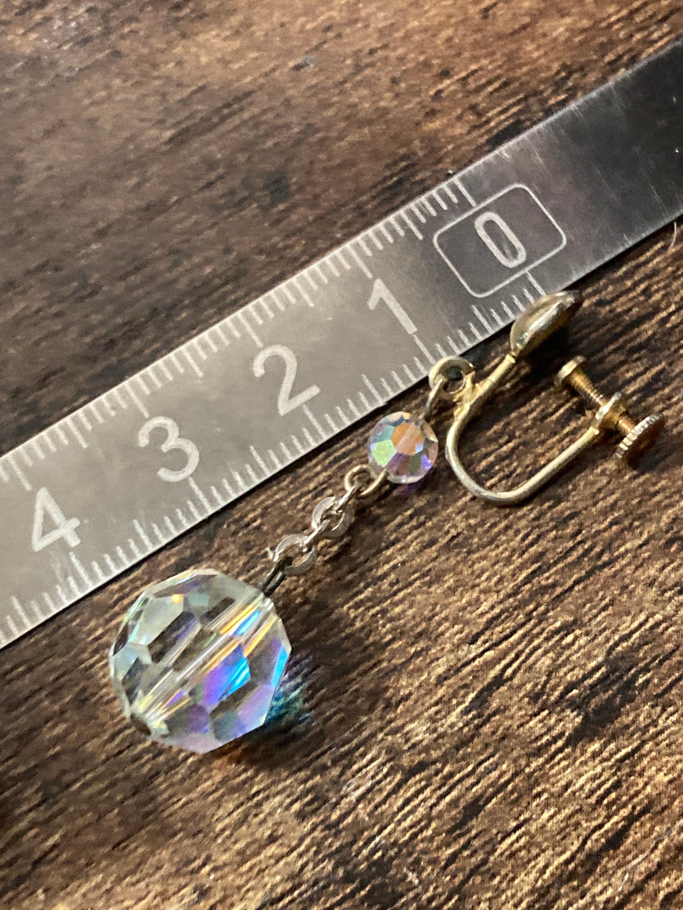 vintage Clear AB aurora borealis glass rhinestone beaded diamanté Clip on drop earrings dangly