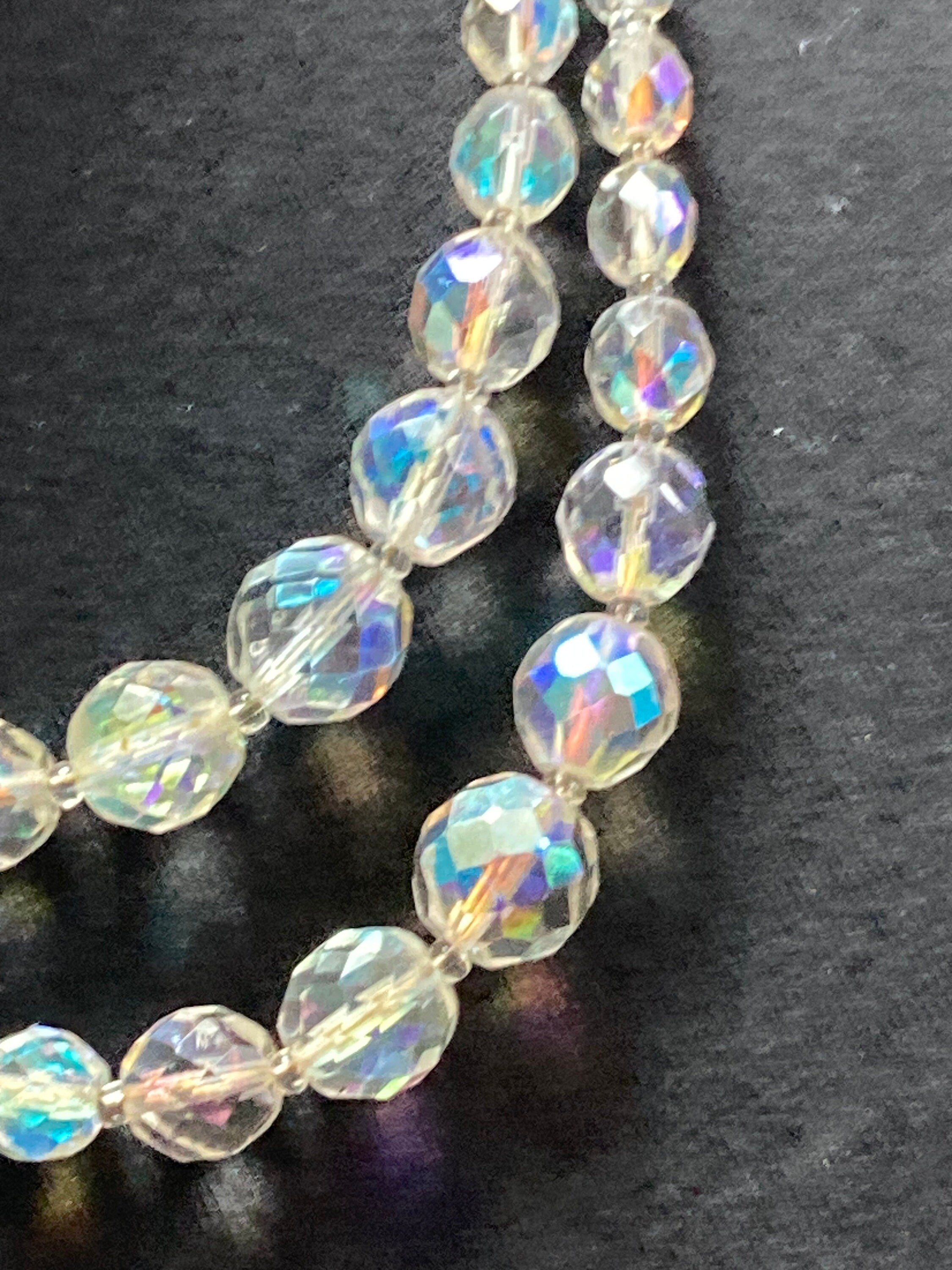 Vintage 1950s Aurora Borealis Crystal Bead Necklace: Turquoise Clasp