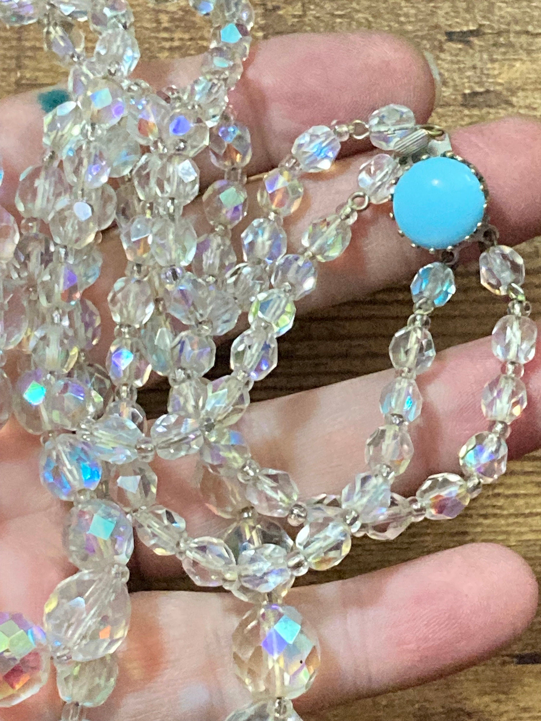 Vintage 1950s Aurora Borealis Crystal Bead Necklace: Turquoise Clasp