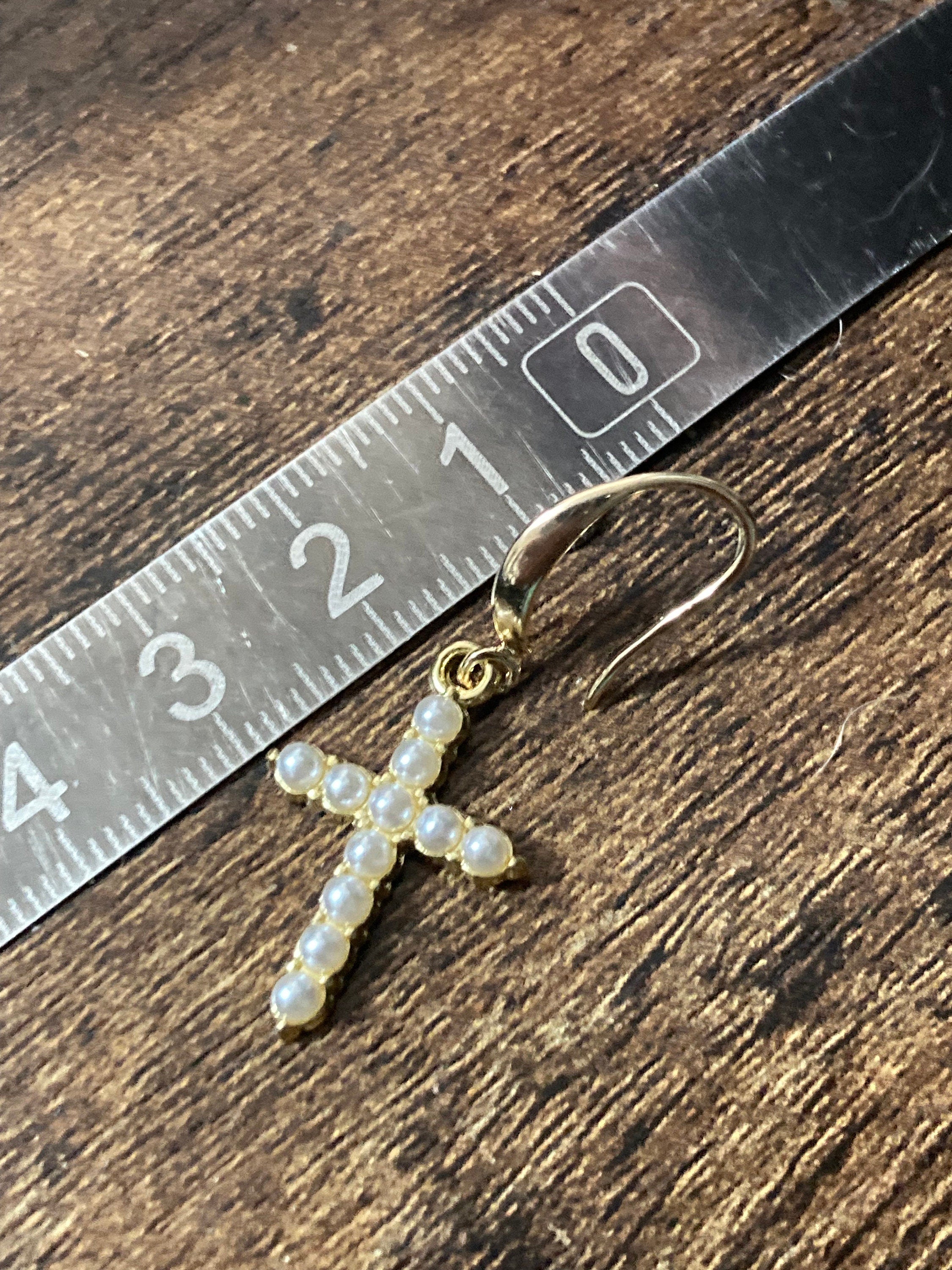 18k gold plated clear seed pearl religious cross earrings
